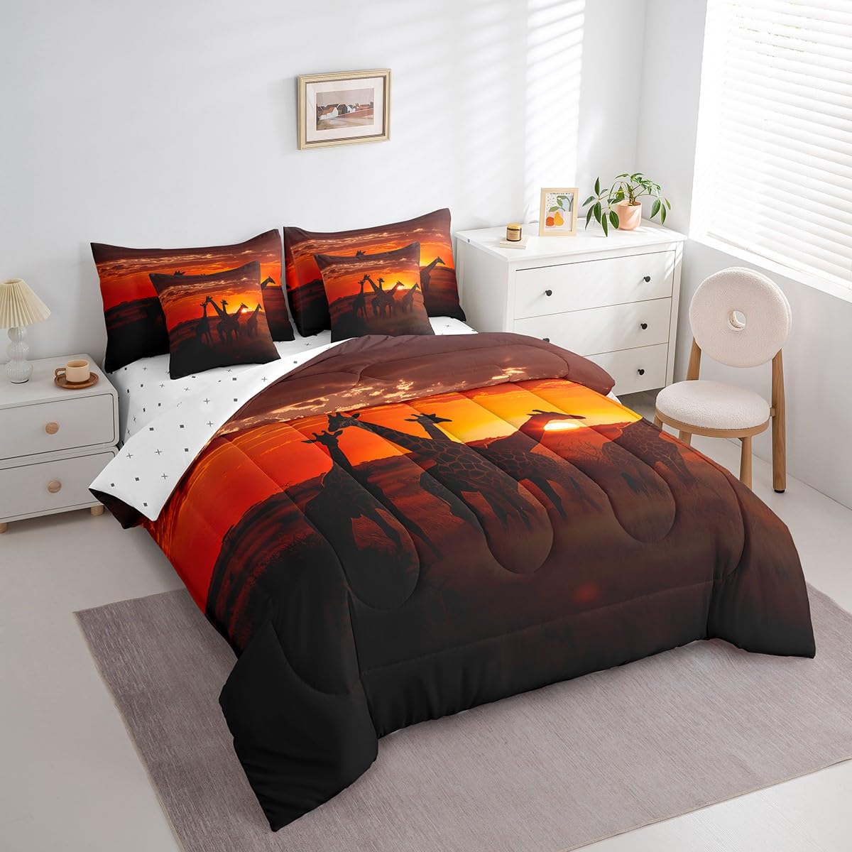 Erosebridal Giraffe Comforter Set 3D Giraffe Printed Bedding Sets 7 Piece Twin Natural Sunrise Scenery Bed in A Bag Jungle Wildlife Quilt with Flat Fitted Sheet Safair African Animals Pillow Covers