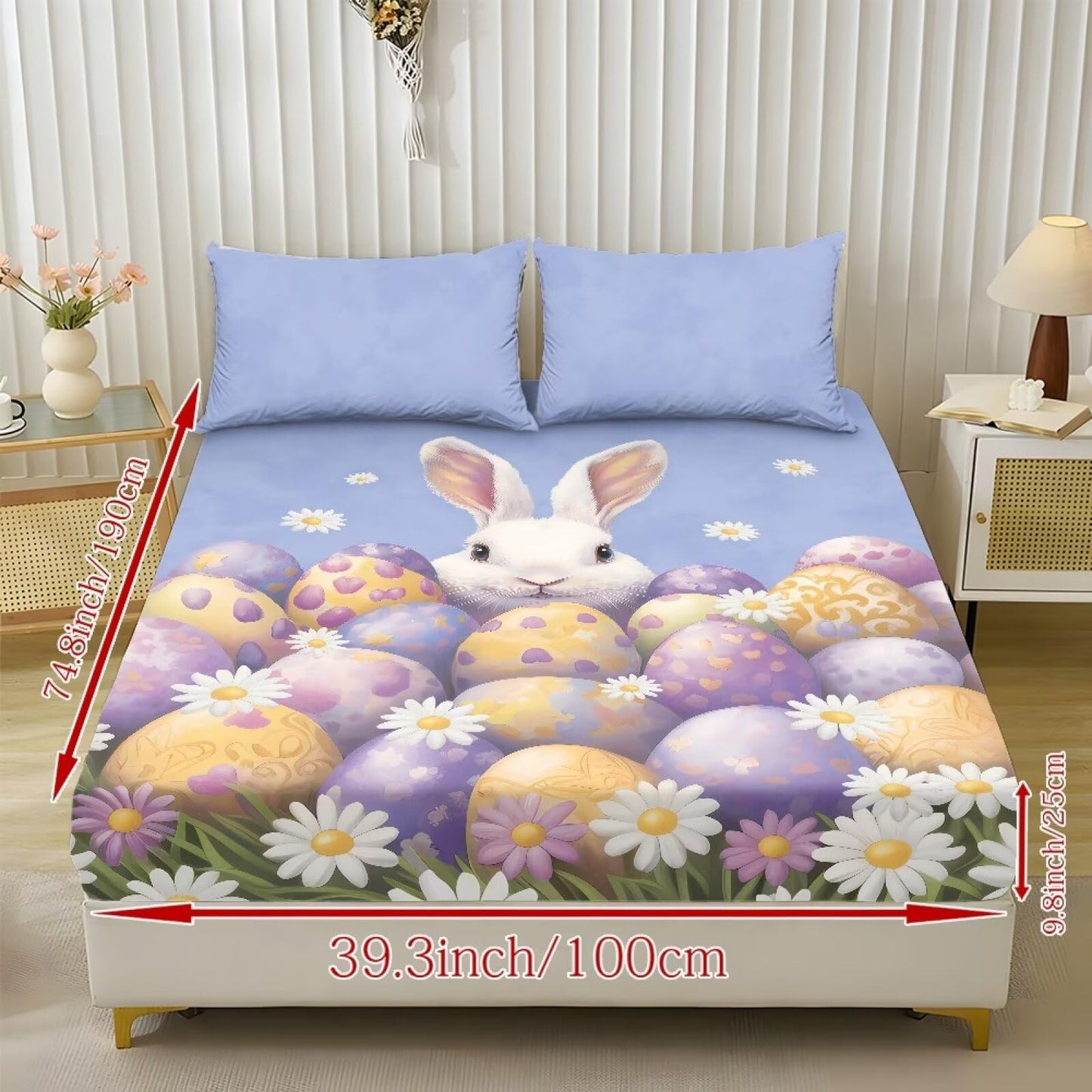 ZDCUSTOM Easter Bedding Set Twin XL Size Eggs Bunny Fitted Sheet with 2 Pillowcases,3 Pieces Fresh Cute Printed Soft Sheet Set Easy Care & Non-Slip Home Decor, 39" x 79"