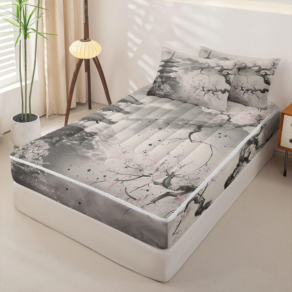 Erosebridal Grey Japanese Kids Comforter Set Full Ink Painting Style Cherry Blossom Zipper Bedding Sets for Boys Girls Teen Mountain Pavilions 3 Pcs Bed in a Bag Set Vintage Aesthetic Zip Up Bedding