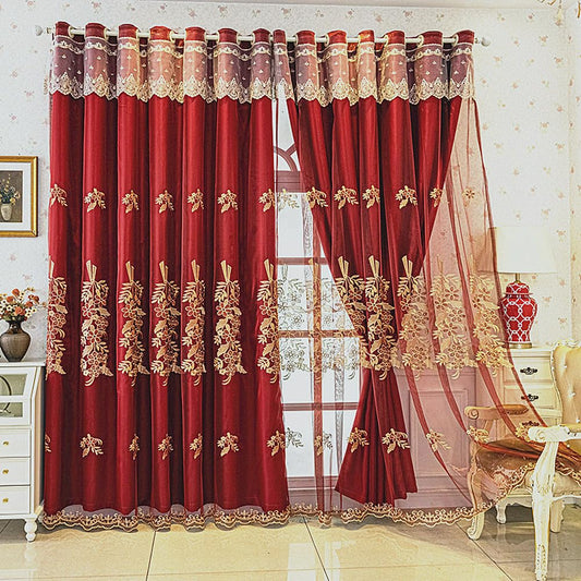 Amidoudou 1 Pair European Double Layer Curtains with Valance for Living Room Bedroom Red Luxury Embroidered Curtains (Red,51x90 Inch)