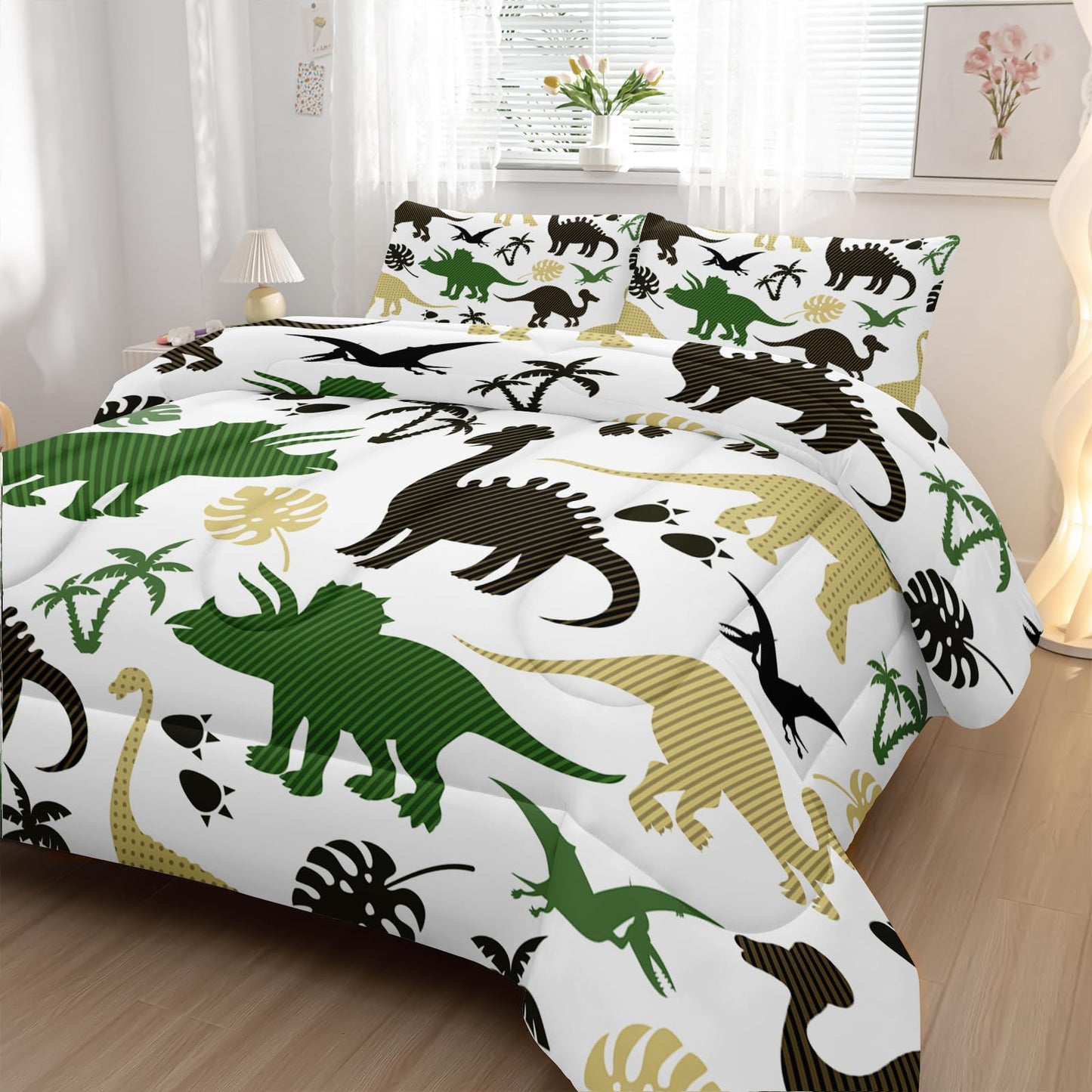 Nttopship Cartoon Dinosaur Comforter Set Twin Size 3 PCS,Green Dinosaur Printed Quilt Set for Bedroom Soft Microfiber All Season Print Quilt Set with 1 Comforter and 2 Pillow Case