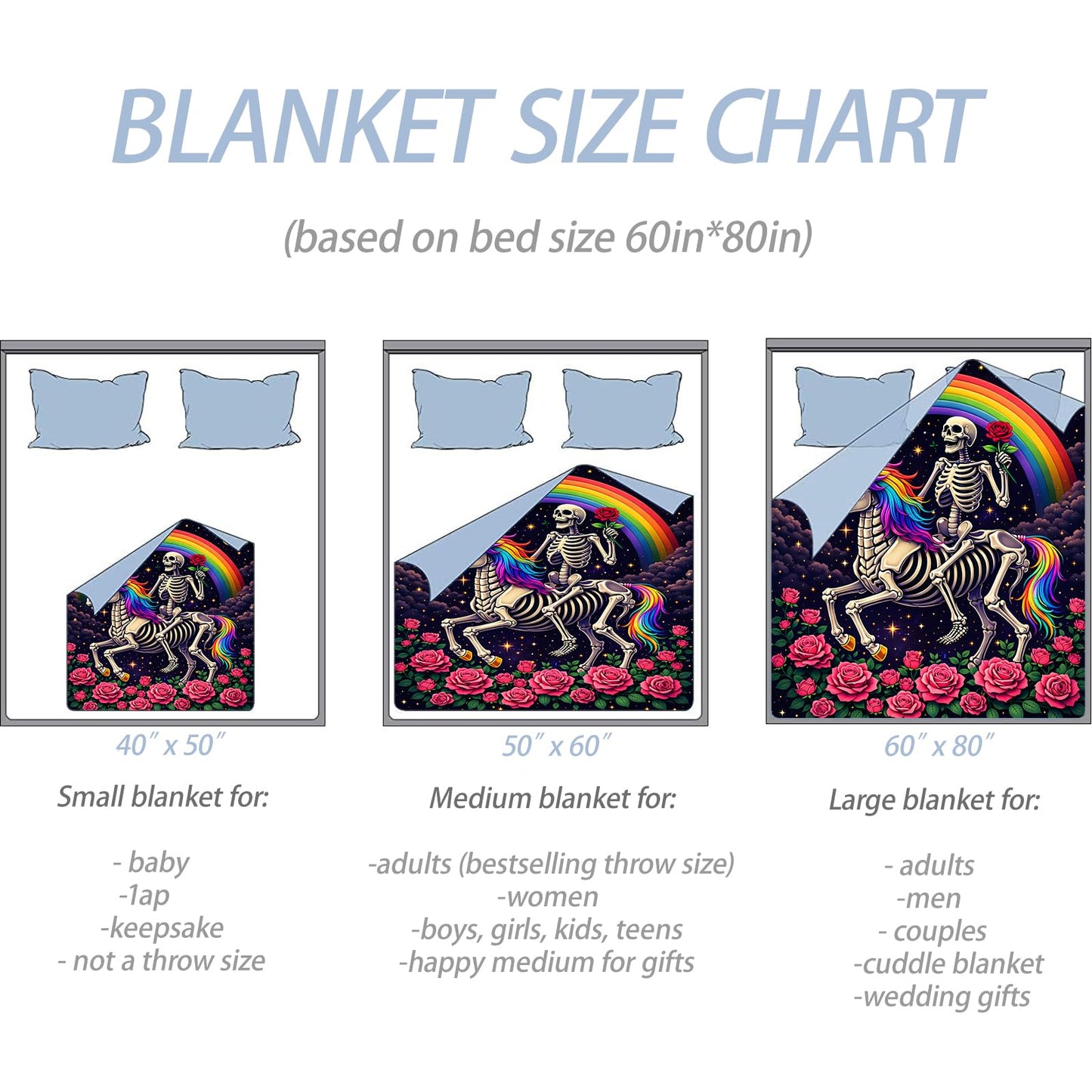 TRYYN Skull Unicorn Flannel Throw Blanket Gothic Skeleton and Hourse Pattern Fantasy Rainbow Night Sky Floral Decor for Goth Lovers Cozy Lightweight Fleece Blankets Bedroom Couch Gifts, 50x60inch