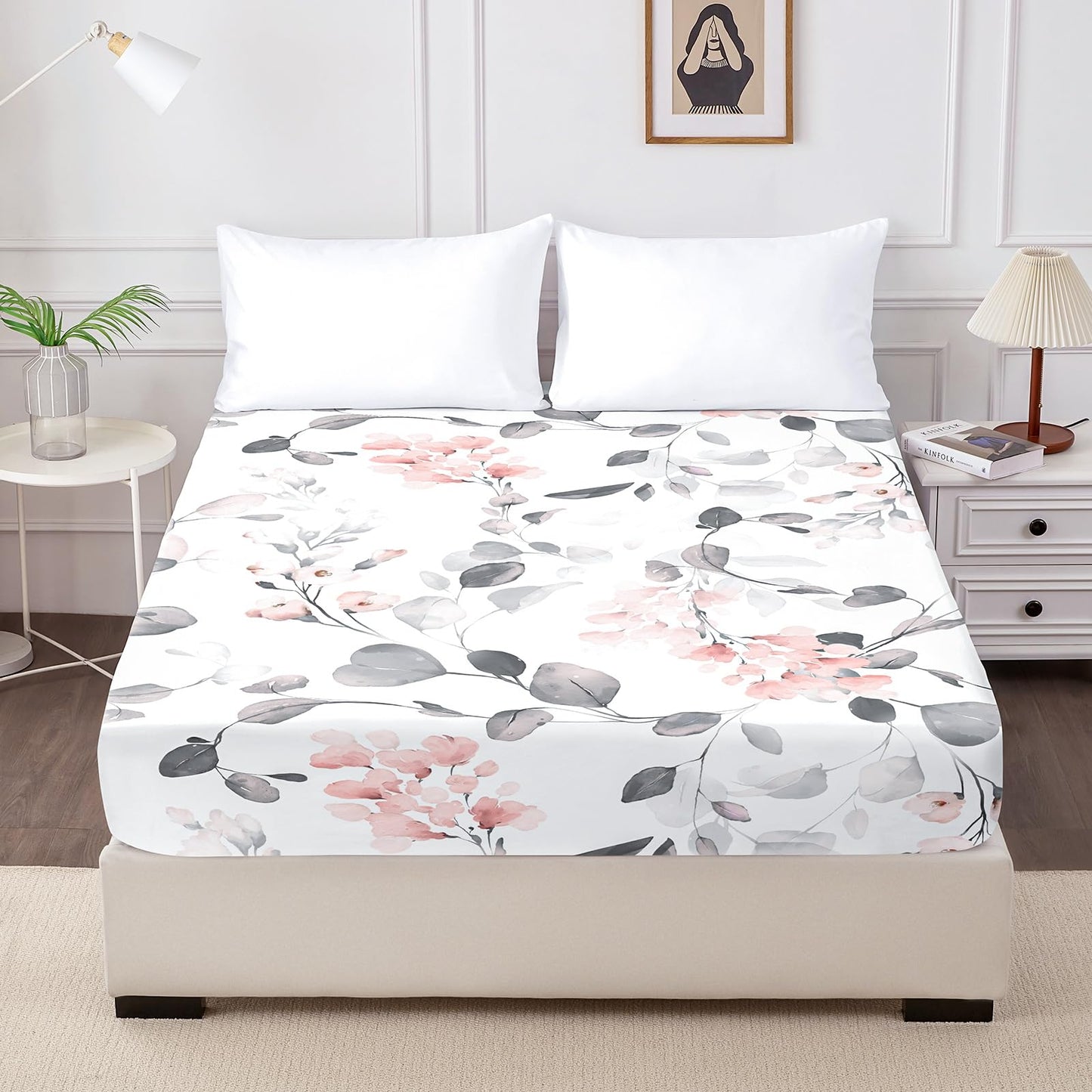 HCORA Floral Fitted Sheet Only, 100% Brushed Microfibre Deep Pocket Fitted Bottom Sheet, Ultra Soft, Shrinkage and Fade Resistant, Full Size