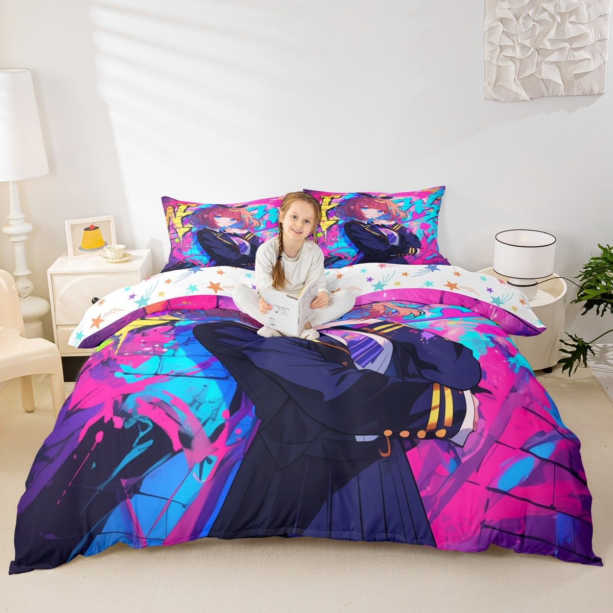 Erosebridal Girls Japanese Anime Bedding Set Full, Kawaii Anime Girl Comforter Cover Cartoon Girl Duvet Cover for Kids Teens Adult, Japanese Animation Sci Fi Style Bed Set, 2 Pillow Cases