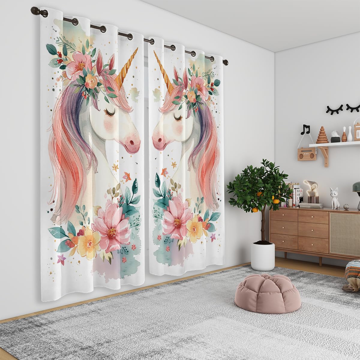 Unicorn Flower Blackout Curtains for Girls Boys Kids Home Decor, Fantasy Floral Pink Cartoon Unicorn Grommet Thermal Insulated Drapes Darkening Window Curtain for Bedroom Living Room, 42 x 45 Inch