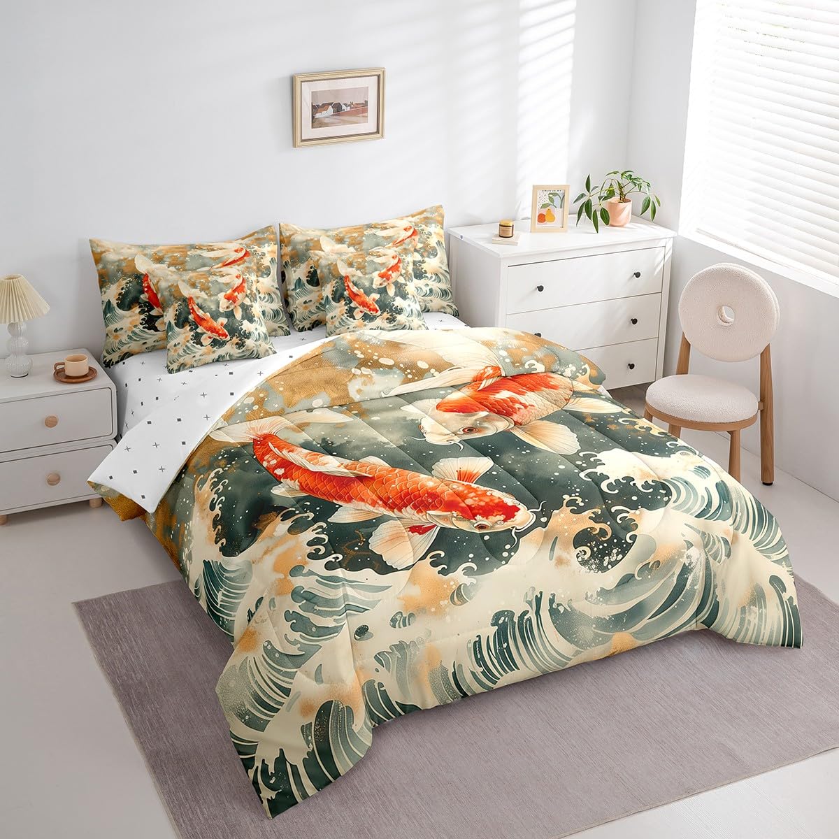 Erosebridal 7 Piece Koi Fish Queen Comforter Set,Japanese Ocean Waves Bedding Set with Sheets,Vintage Oriental Theme Bed in a Bag Ukiyoe Style Bed Set with Fitted Sheet,Flat Sheet,Pillowcases