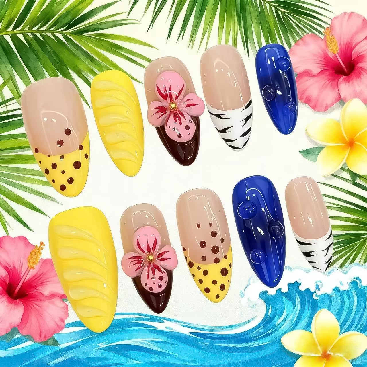 Tesytto 3D Hibiscus Press on Nails - Medium Almond 3D Flower & Water Drop Texture, Blue & Butter Yellow French Tip Nails, Tropical Hawaii Summer Fake Nails (Big Island-A,M)