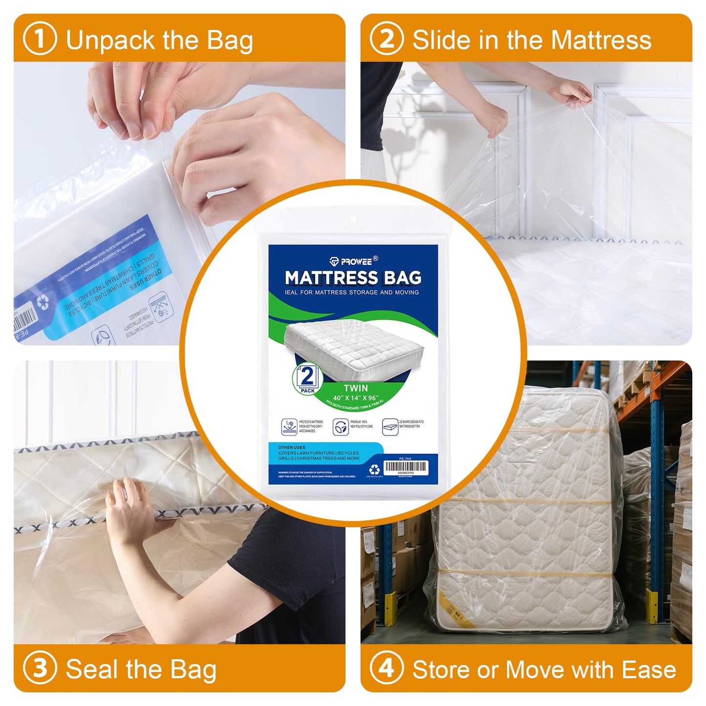 PROWEE 2 PK Twin XL/Twin Mattress Bags for Moving, Waterproof Mattress Cover for Disposal and Storage