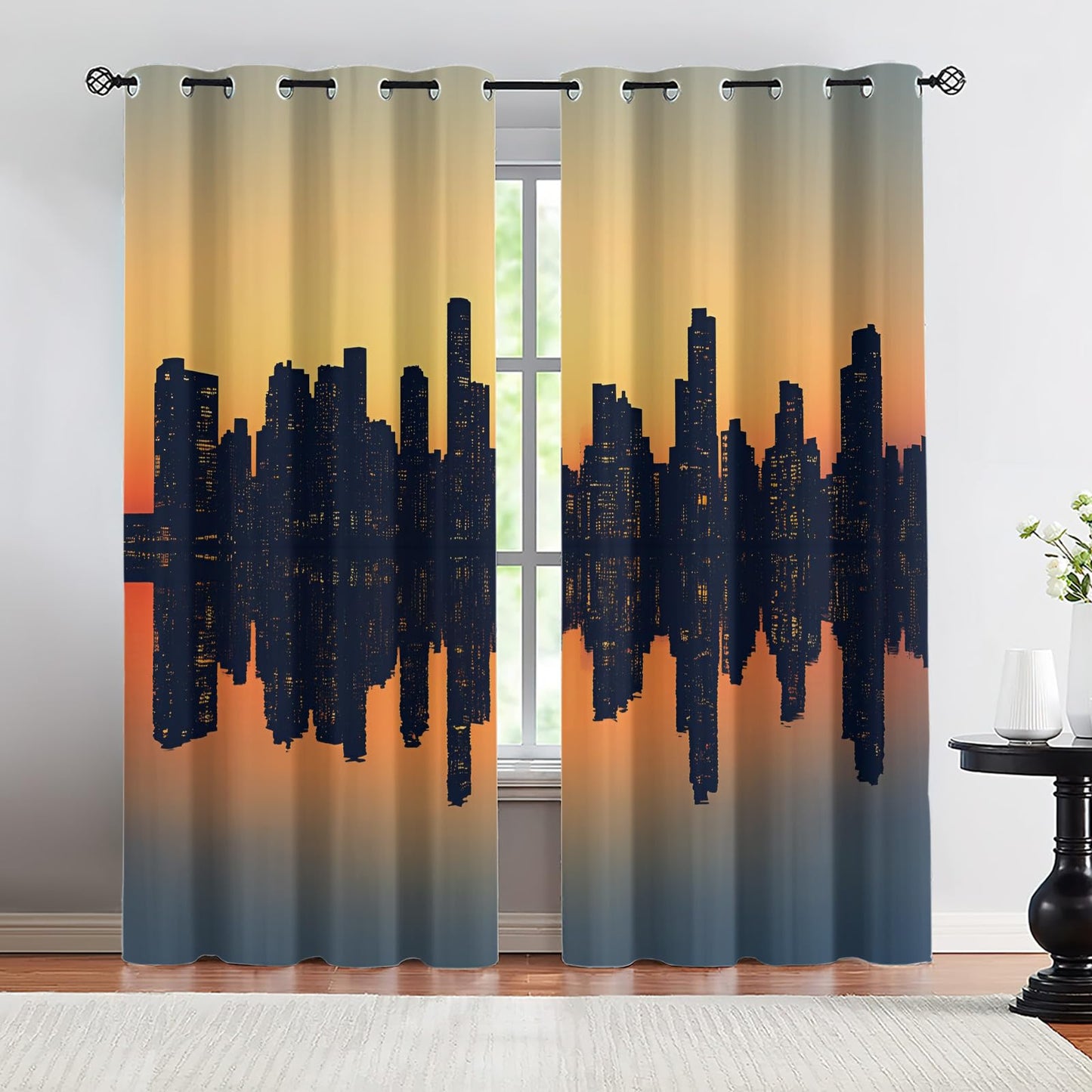 XAFIAUR City Skyline Blackout Curtains, Skyscraper Silhouettes Curtains for Living Room, Sunset Black Out Bedroom Curtain Thermal Insulated Grommet Drapes 2 Panels, for Boys Room 26" W x 63" L x2