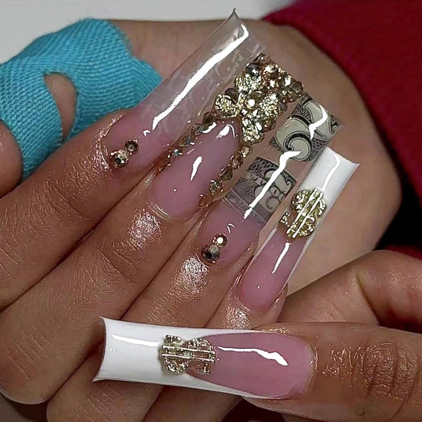 MISUD Press on Nails - Extra Long Square Glue on Nails with French Tip, Acrylic Dollar Money Rhinestone Design 24 pcs