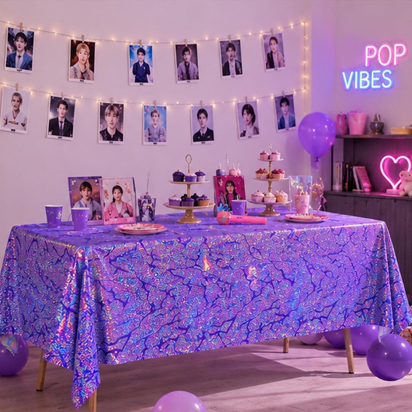 WPDISCZ 3PCS Magical Music Party Tablecloths - Demon Decorations,Pink Purple Lightning Pattern Disposable Plastic Table Covers 54x108 Inch for Korean Anime Themed Party Supplies