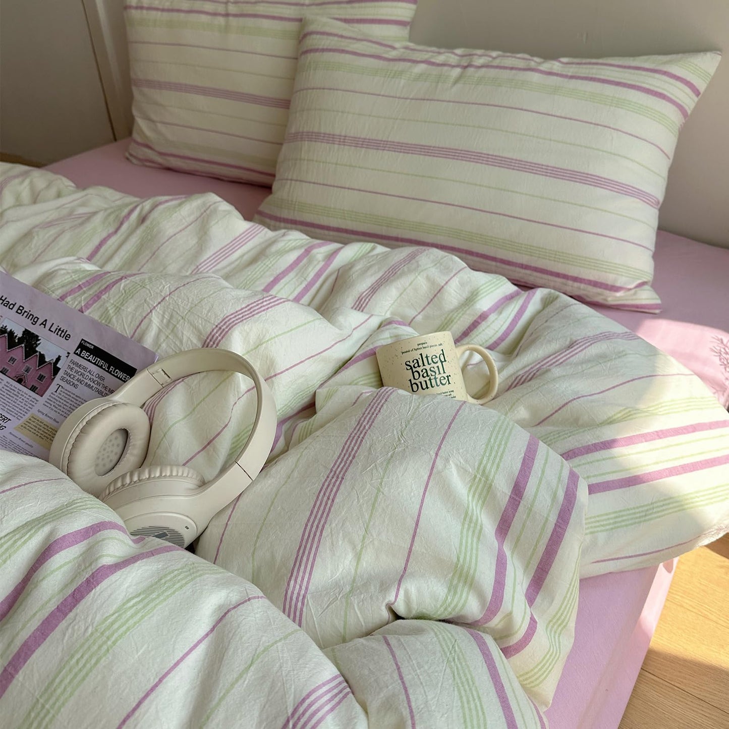 EAVD Retro Striped Duvet Cover Queen Size Soft 100% Cotton Green Purple Vertical Stripes Pattern Bedding Set with 2 Pillowcases Reversible Farmhouse Geometric Pattern Duvet Cover with Zipper