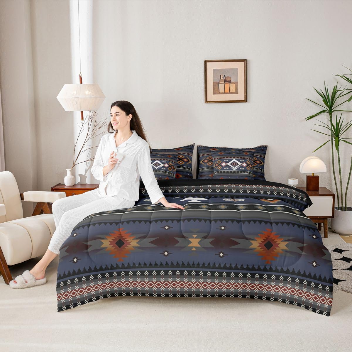 Erosebridal Black Red Grey Aztec Farmhouse Full Comforter Set 7 Pieces | Southwestern Bohemian Bed in A Bag for Bedroom Cowboy Tribal Bedding Set with Comforters Cowgirl Adults Room Decor