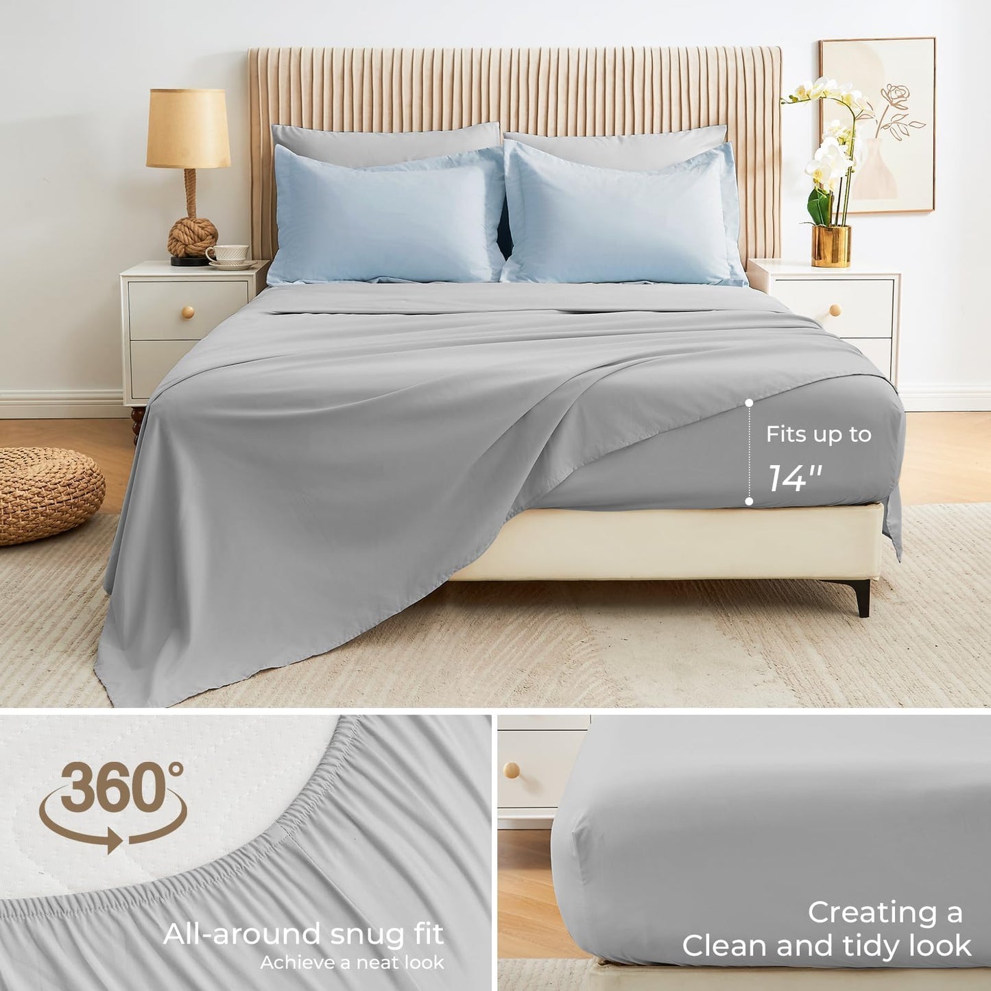 Sasttie Queen Comforter Set, 7 Pieces Bed in a Bag Queen, Complete Bedding Set Includes Comforter, Flat Sheet, Fitted Sheet, Pillowcases and Pillow Shams, Blue & Light Grey