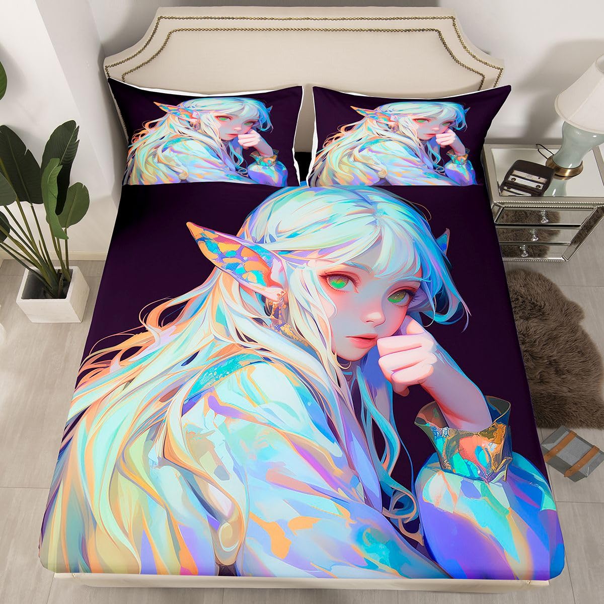 Anime Girl Bed Sheets 3D Japanese Bedding Set Kawaii Girly Fitted Sheet with Deep Pocket, Anime Lovers Gifts Fitted Bed Sheets Soft Lightweight Sheets for All Season, Twin 2Pcs