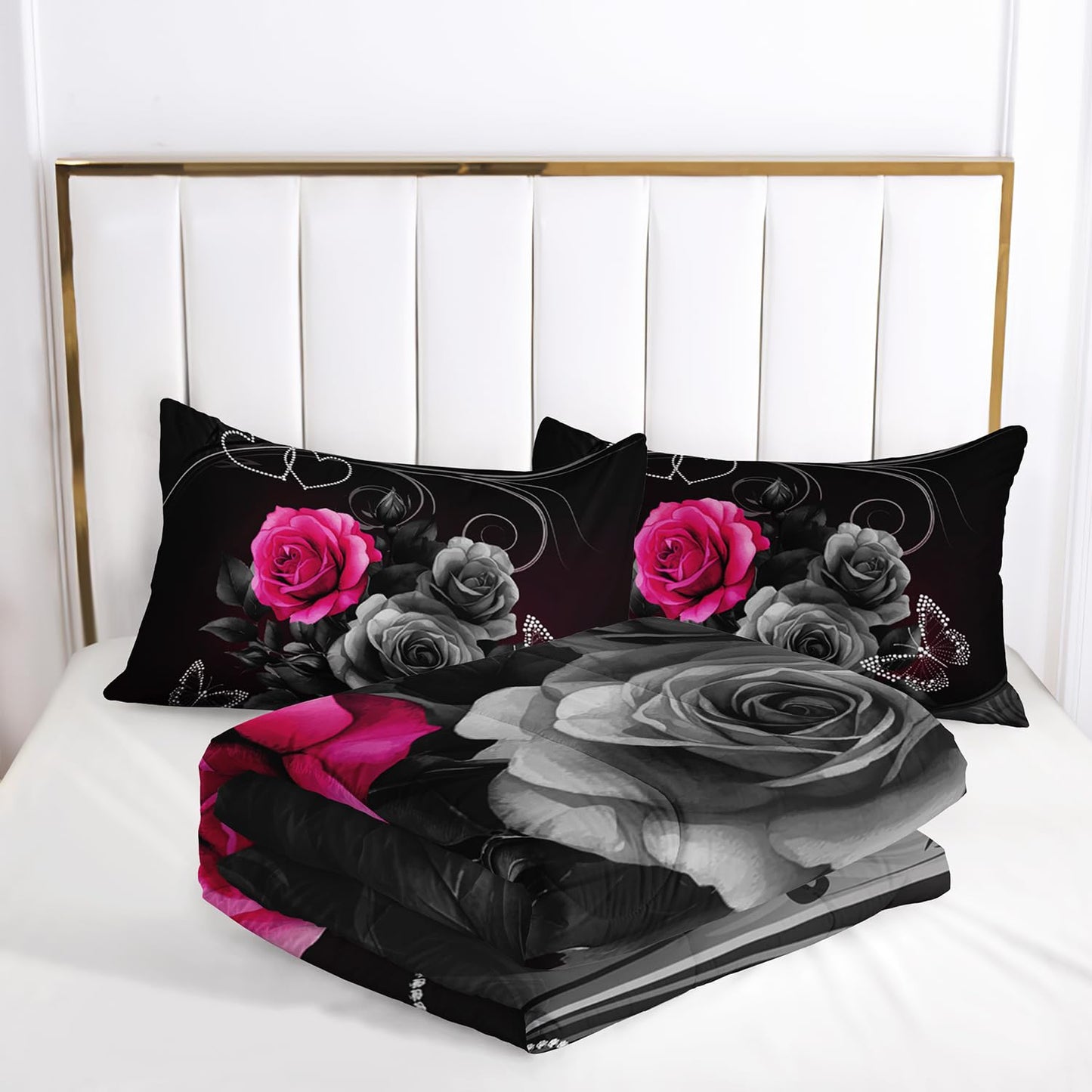 AILONEN 3D Rose Comforter Set Queen Size, 3D Oil Red Rose with Hearts Couple Lover Bedding Set for Girls,Women,Valentine Romantic Theme Duvet Set,3-Pieces, 1 Quilt and 2 Pillowcases