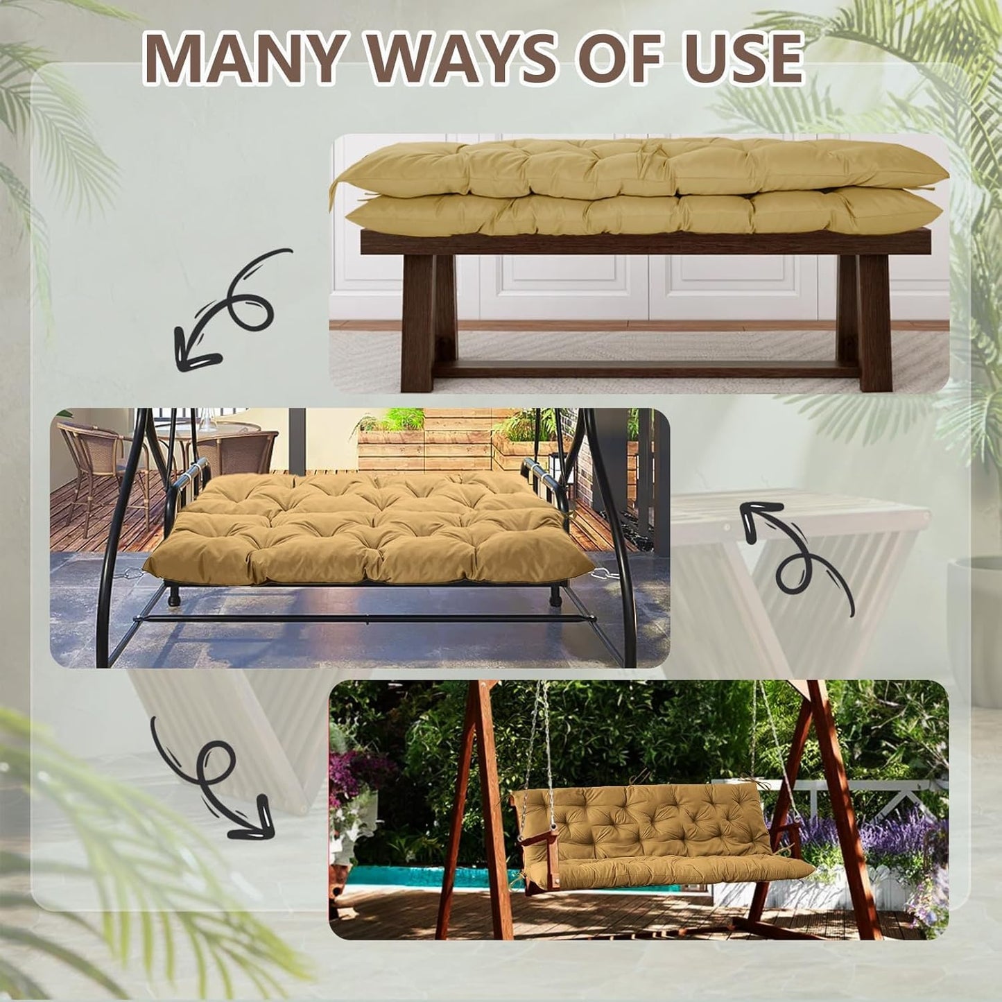 Longmu Living Porch Swing Cushions, Outdoor Swing Cushions 3 Seater Replacement with Backrest, Thickened Swing Cushion with Ties,Patio,Outdoor,Backyard and Gard (Khaki, 60 * 40 * 4 inches)