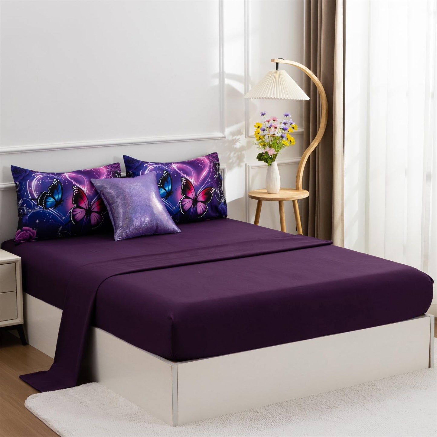 A Nice Night Galaxy 6pcs Bed in a Bag Purple and Blue Dreamy 3D Butterfly Printed, Butterflies Bedding Full Comforter Set, for Girls Kids Teens