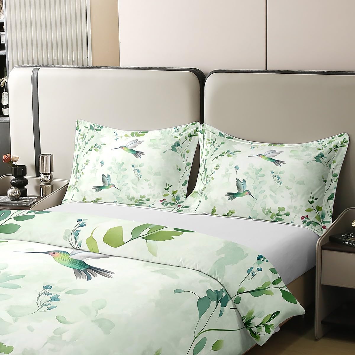 Erosebridal Abstract Grass Green Leaf Full 100% Cotton Duvet Cover, Turquoise Hummingbird Bedding Set, Mint Green Boho Bedclothes, Watercolor Botanical Aesthetic Comforter Cover