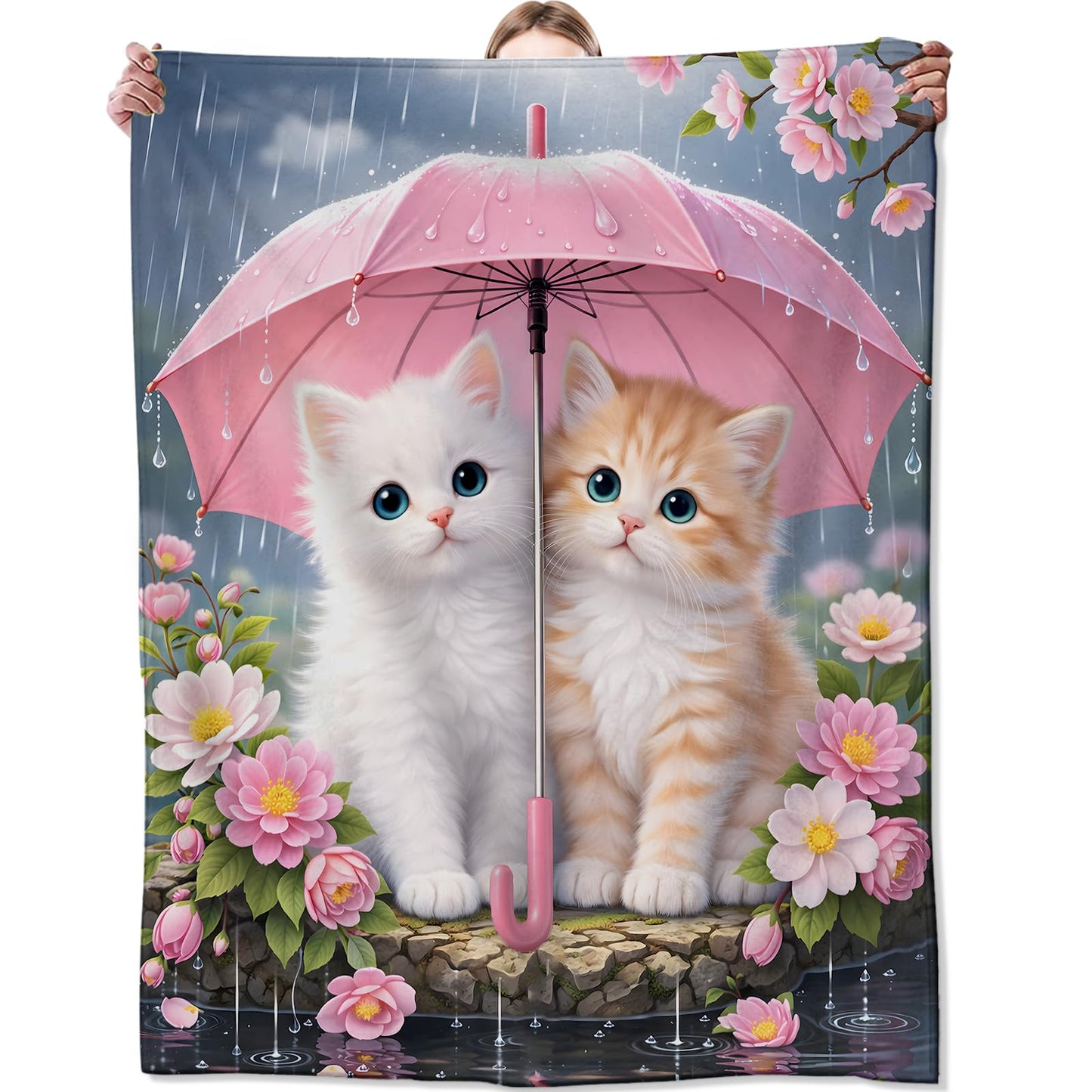 Zeleda Cute Cat Floral Cozy Throw Blanket for Couch Sofa Bed, Soft Flannel Dreamy Kitten Flower Blankets for Women Kids Girls, Warm Lightweight Romantic Throws for Room Decor Gifts, 50x60 Inches