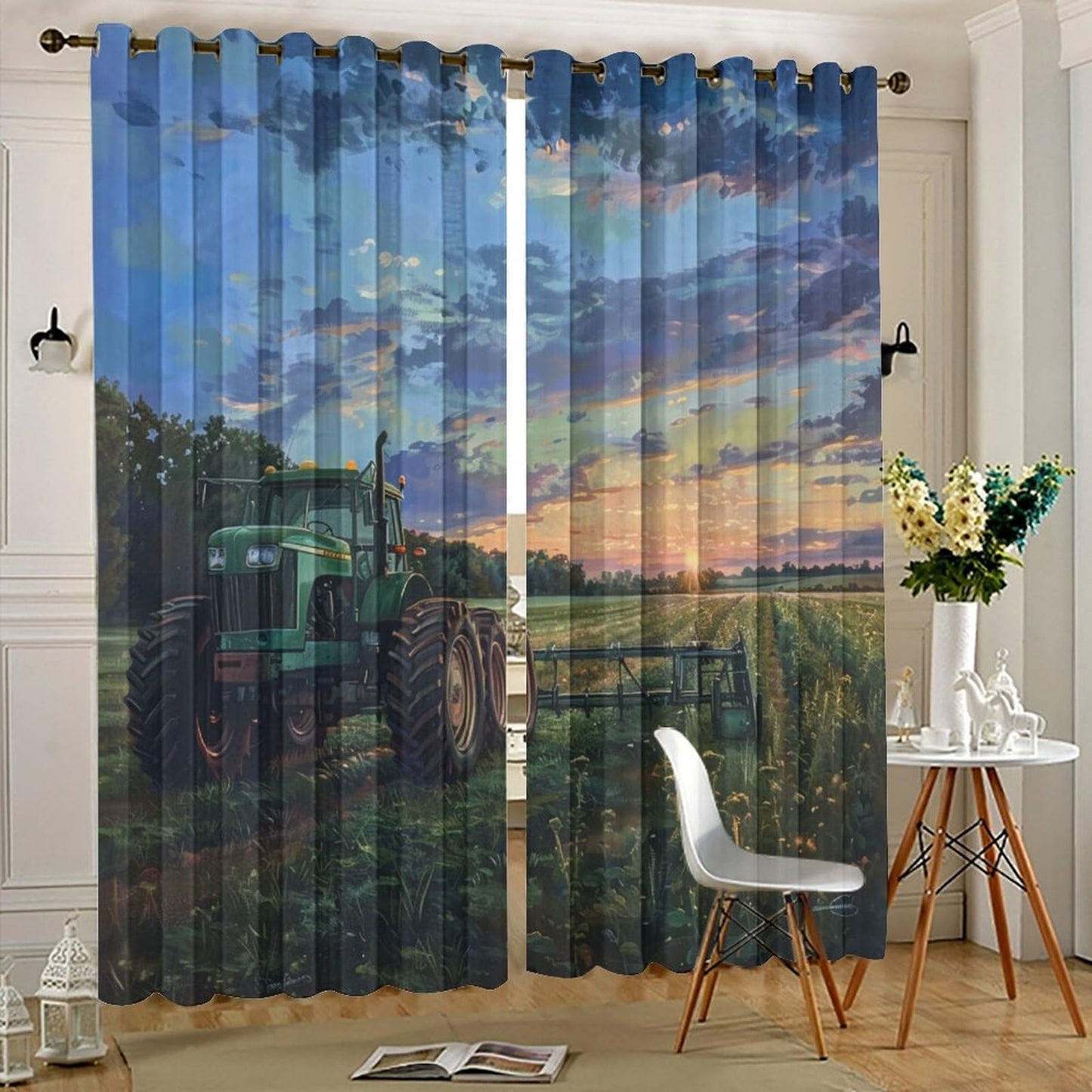 HDESDIS Tractor Rustic Field Curtains for Bedroom, Farmhouse Sunset Sky Grommet Blackout Curtains Thermal Insulated Window Drapes for Living Room, 21W x 45L, 2 Panels