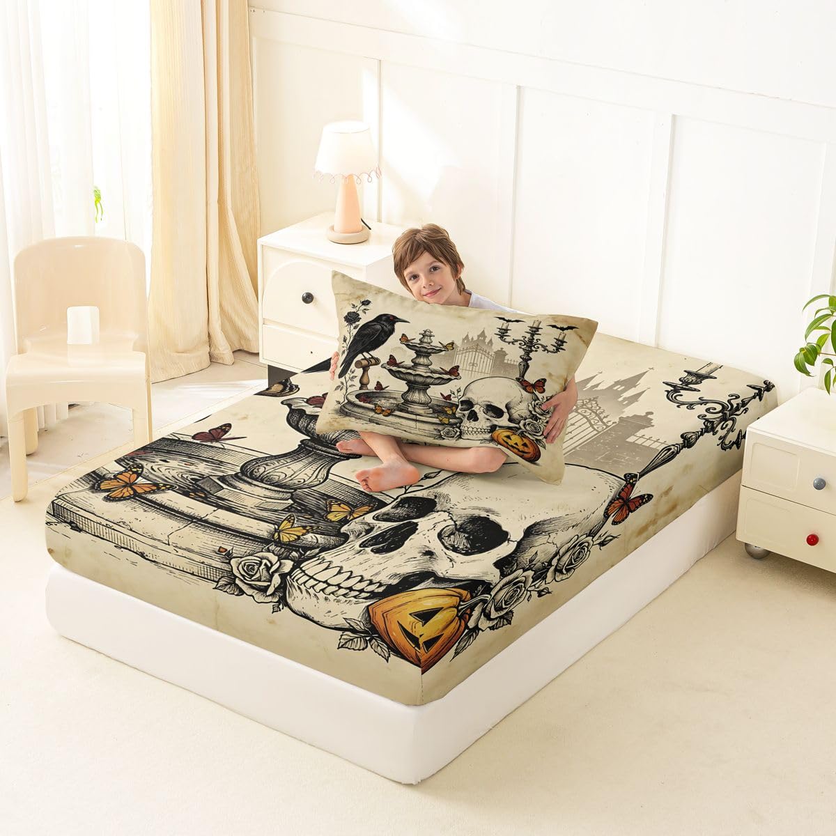 Erosebridal Gothic Skull Bed Sheets Twin Size Vintage Raven Butterfly Sheet Set Teens Adults Distressed Rose Fall Pumpkin Bedding Set Spooky Halloween Sheets