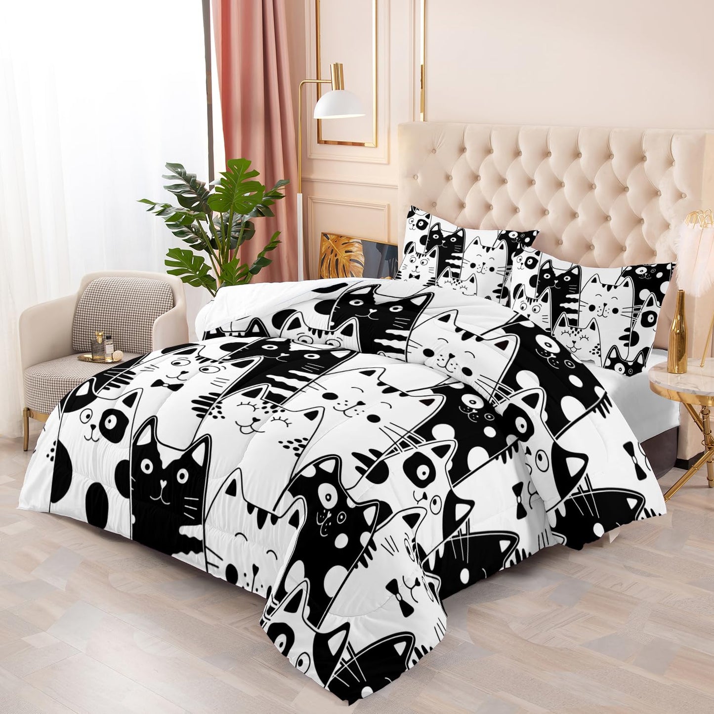 Nttopship Black and White Cat Comforter Set Queen,Kawaii Cat Butterfly 3 Pieces Bedding Set for Teens Kids,Cartoon Down Alternative Bed Comforters Bedding Sets for All Season