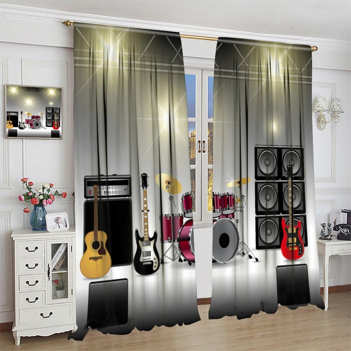 Djaby Rock Music Curtains, Teens Boys Electronic Musical Instrument Curtain Guitar Drum Speaker Window Drapes for Bedroom Living Room 42" W X 45" L(No Blackout)
