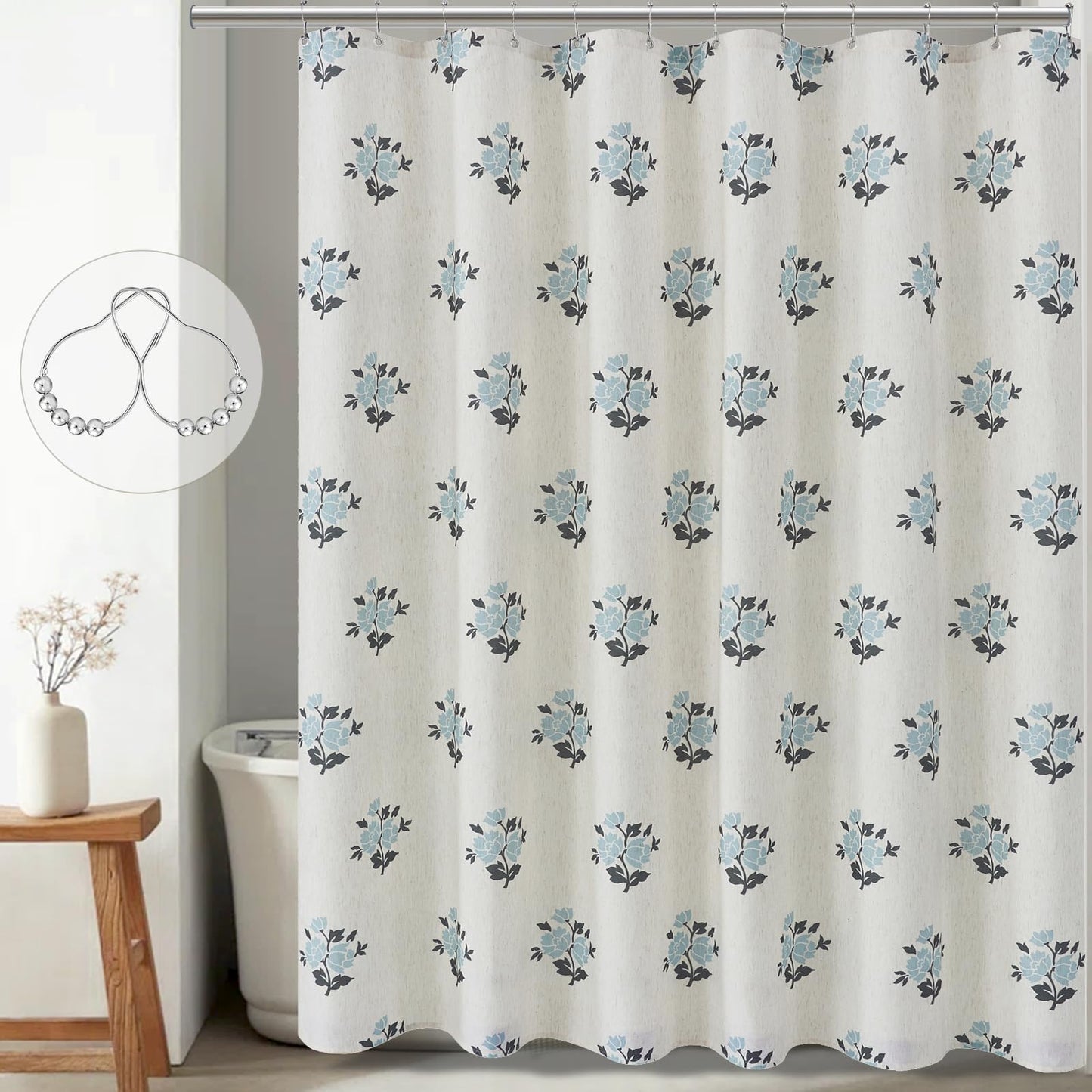 ORTIGIA Linen Blue Shower Curtains for Bathroom Boho Farmhouse Block Print Shower Curtain Set with Metal Hooks Floral Waterproof Aesthetic Rustic Fabric Bath Curtain for Home, Weighted, 72x72