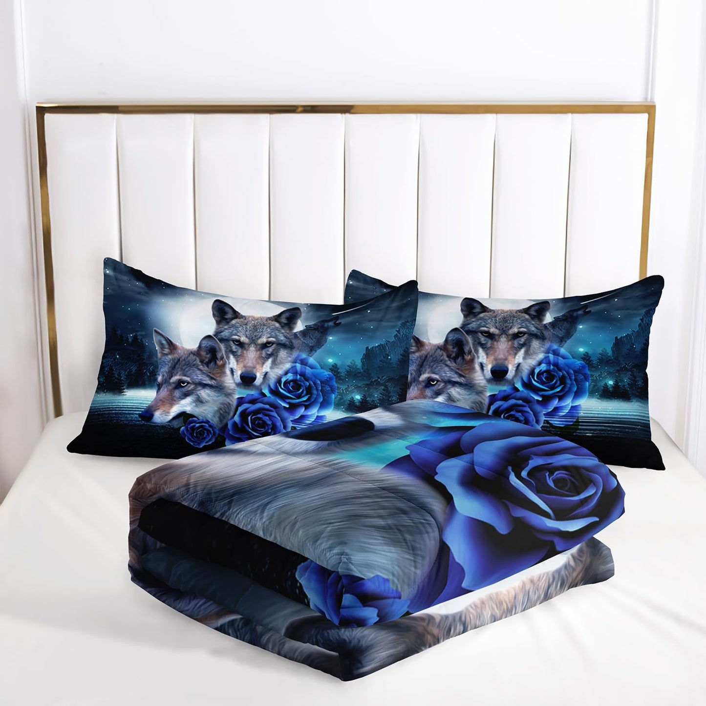 AILONEN Howling Wolf Comforter Set Queen Size,Blue Rose Wolf Bedding Sets,Wolf Head Pattern Comforter Set,Galaxy Moon Wolves Duvet Set 3 Pieces, 1 Quilt and 2 Pillowcases