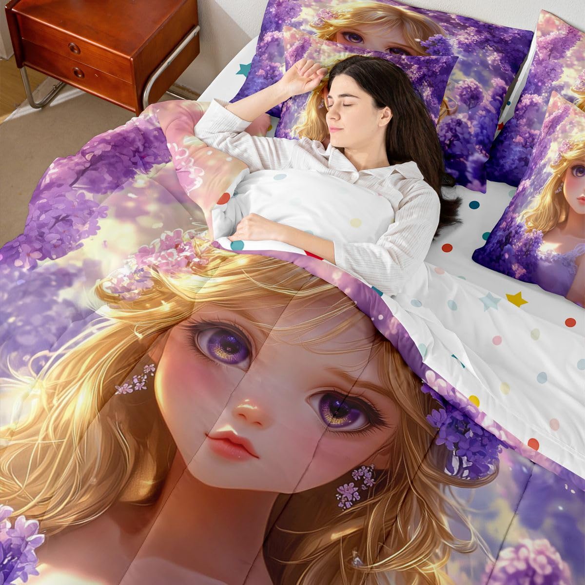 Erosebridal Japanese Anime Bed in A Bag for Kids Girls,Kawaii Lavender Girl Bedding Set Romantic Dreamy Cartoon Girl Twin Comforter Set 7 Piece Purple Aesthetic Cherry Blossom Butterfly Bed Set