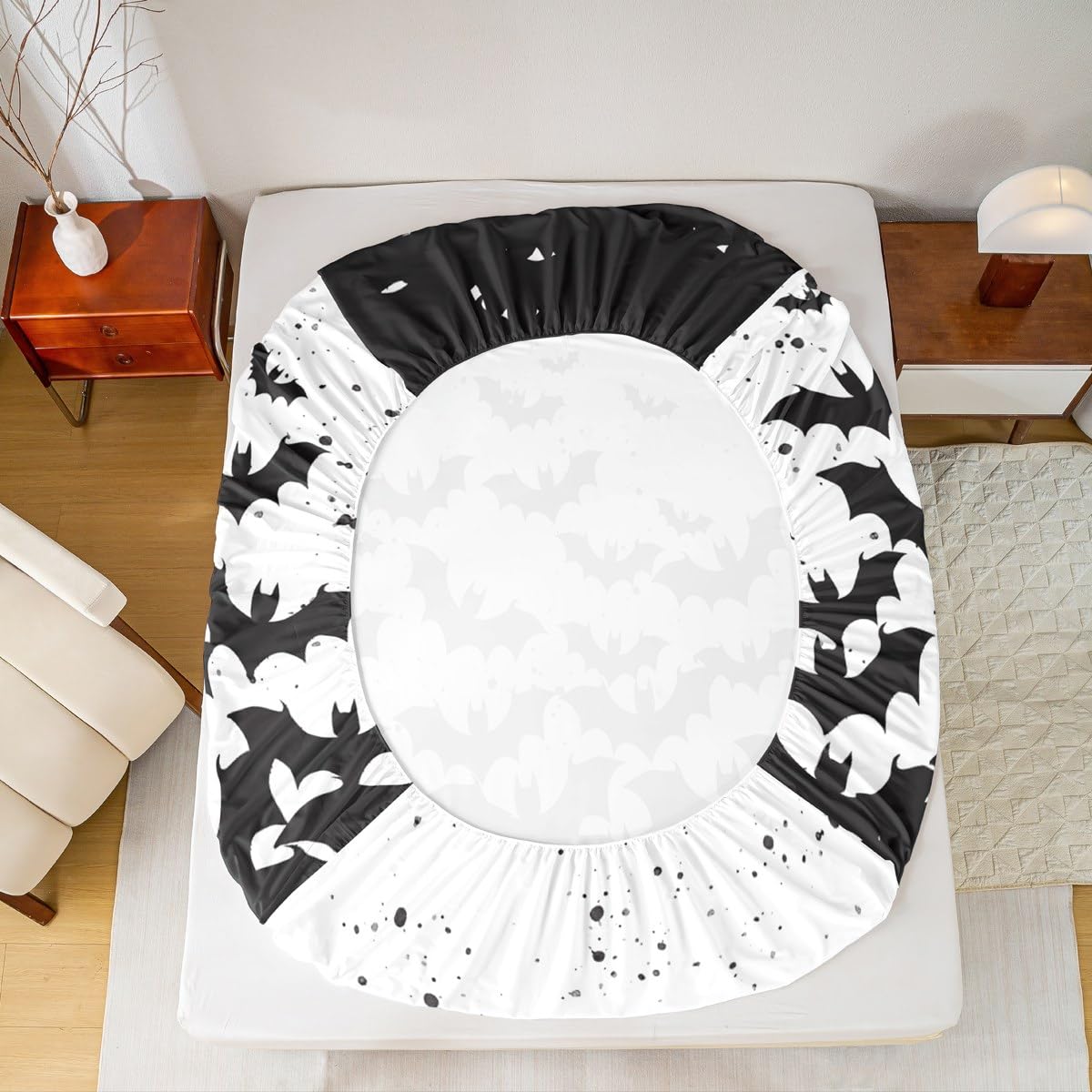 Black Bats Kids Sheet Full Size,Happy Halloween Before Christmas Bedding Set,Boys Girls Adults Room Decor,Halloween Holiday Black White Simple Bed Sheet Set 4pcs(Fitted + Flat + 2 Pillowcases)