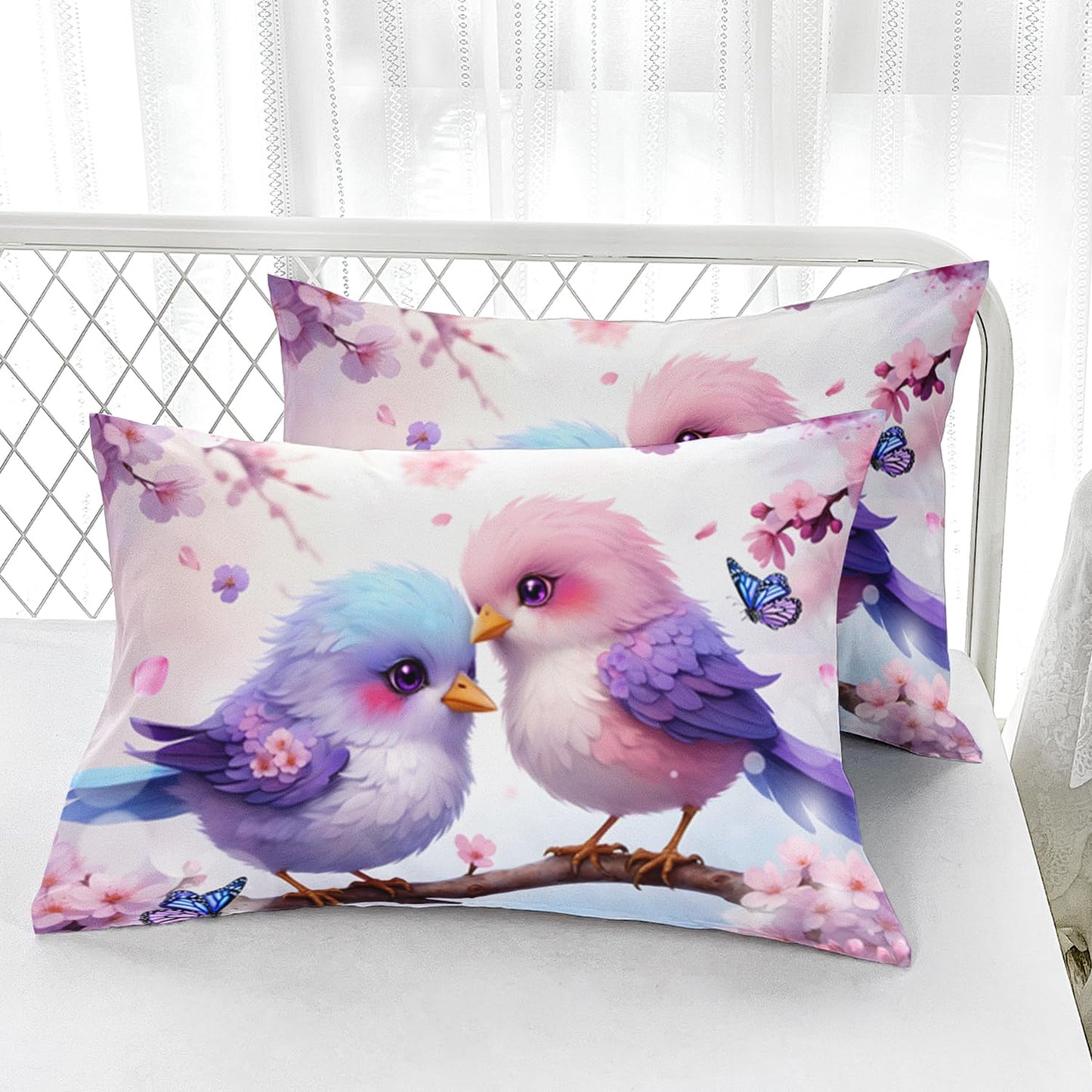 AILONEN Cute Cartoon Bird Fitted Sheet Set Twin Size,Kawaii Pink and Blue Bird Bedding Sheet 3Pcs,Romantic Flower Butterfly Animal Themed Bed Sheet Set for Boys Girls,1 Fitted Sheet + 2 Pillowcases