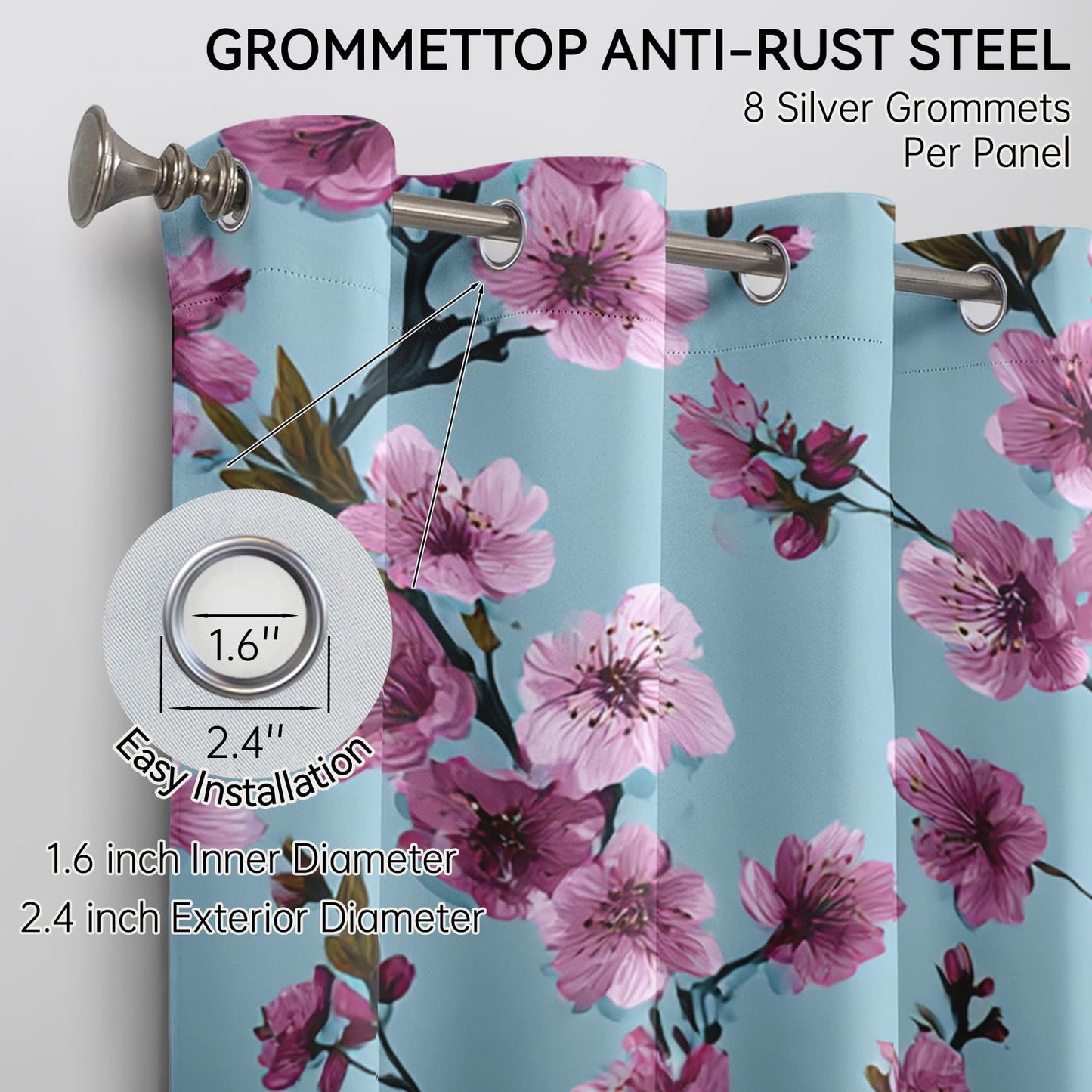 Mistwalk Cherry Blossom Curtains Blackout, 54 Inch Curtains for Bedroom & Living Room, Room Darkening Thermal Insulated Grommet Drapes, Girls Pink and Purple Floral Patterned Window Treatments