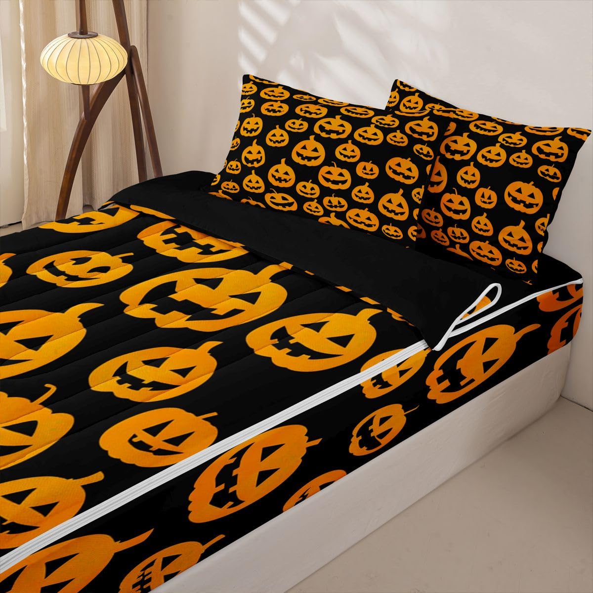 Feelyou Spooky Pumpkin Zipper Bedding Sets for Kids Boys Girls Halloween Themed Queen Comforter Set with Fitted Sheet Trick or Treat Bedroom Decor Graveyard Microfiber with 2 Pillow Cases
