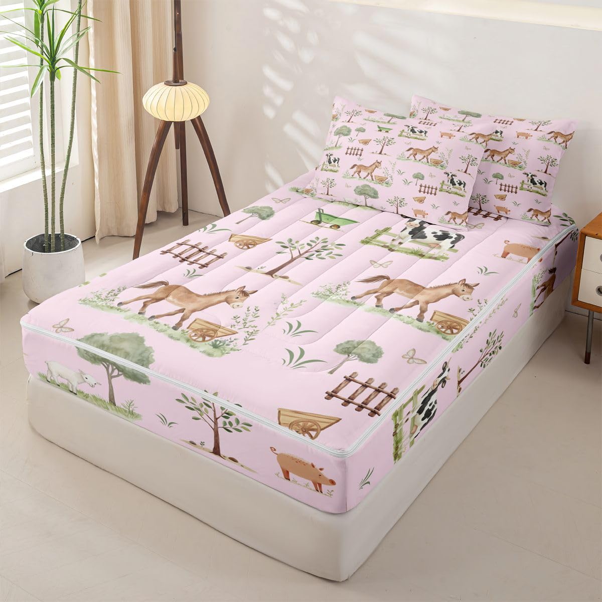 Erosebridal Farm Animal Kids Zip Up Bedding Set Twin Pink Cartoon Animals Zipper Comforter Set with Sheets Western Rustic Farmhouse Bed in a Bag Cute Horse Sheep Cow Pig Woodland Trees Bed Sets