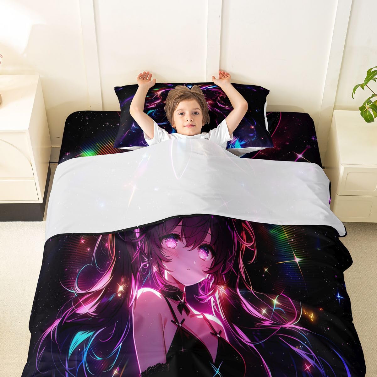 Erosebridal Cute Bunny Girls Sheets Twin Japanese Anime Girl Bed Sheets Set Cartoon 3D Sheet Set for Boys Girls Magical Neon Stars Bed Sets 3Pcs