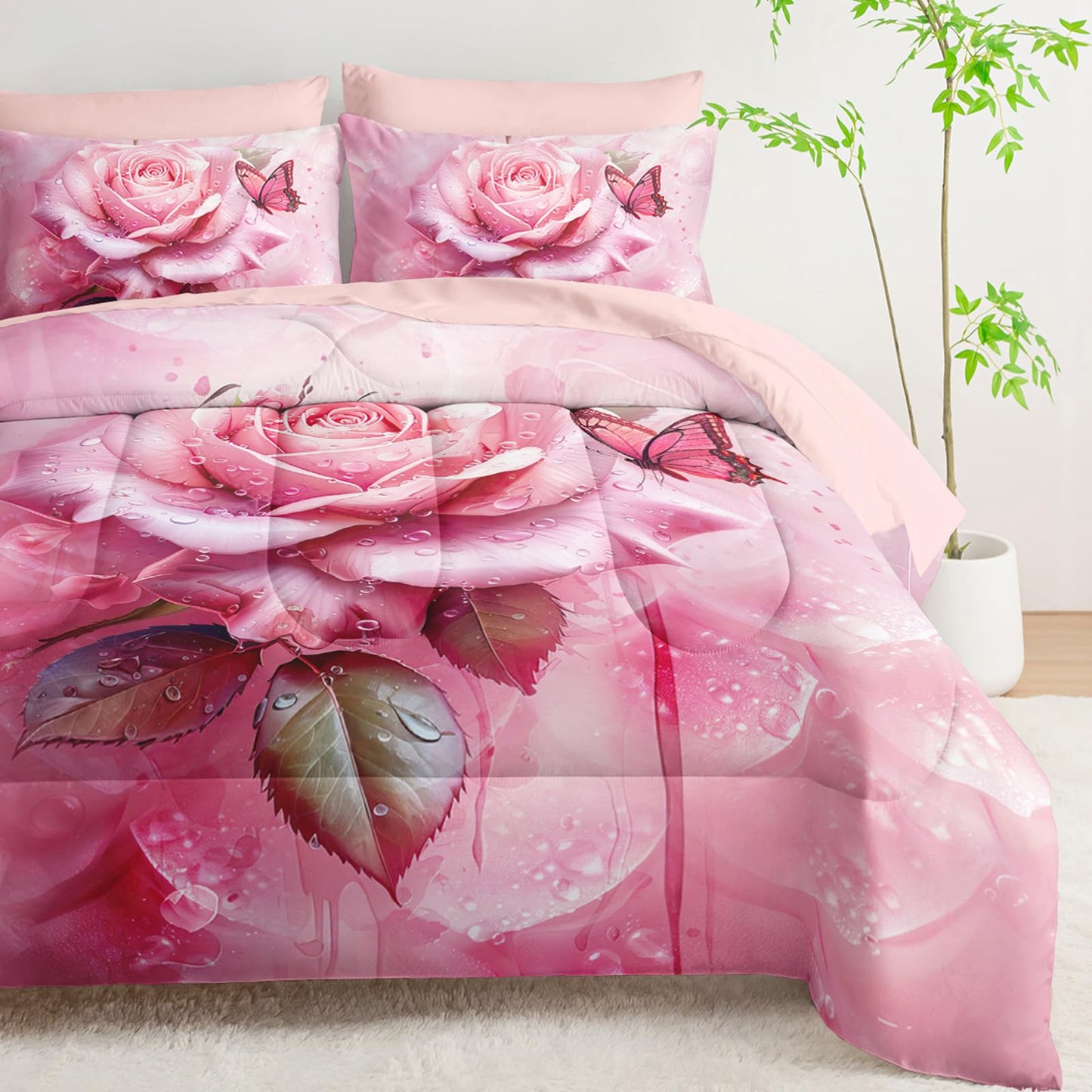 AILONEN 7-Piece Pink Rose Comforter Set Queen Size,Rose Flower Butterfly Bed in a Bag for Girls Women,Modern Romantic Floral Printed Art Pink Comforter + Fitted/Flat Sheet +2 Pillowcases + 2 Shams