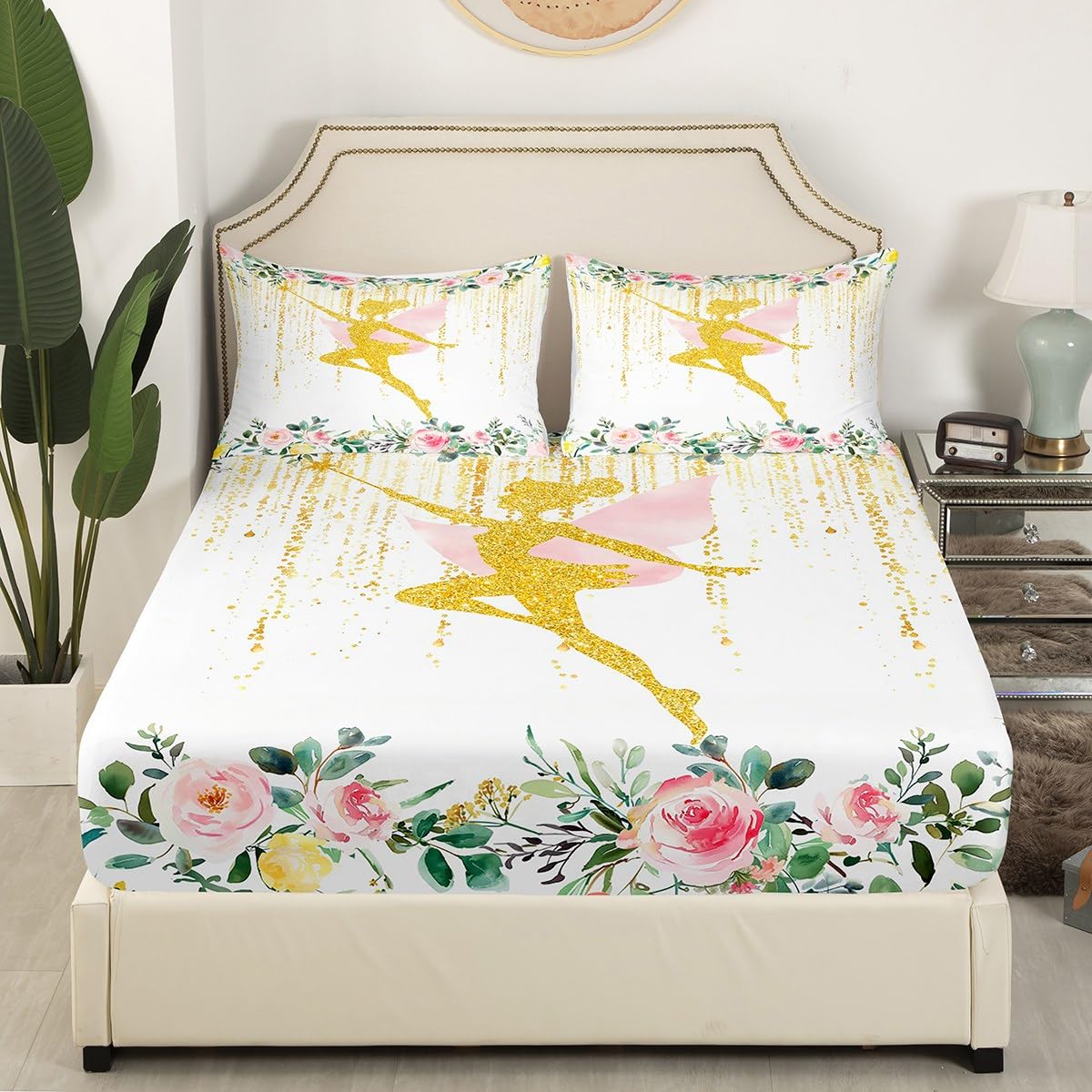 Erosebridal Fairy Garden Twin Bedding Set,Cute Pink Floral Fitted Sheet for Girls Kids,Dreamy Sweet Fairy Bed Set,Coquette Flower Girly Bed Sheets 2Pcs Room Decor (No Flat Sheet)