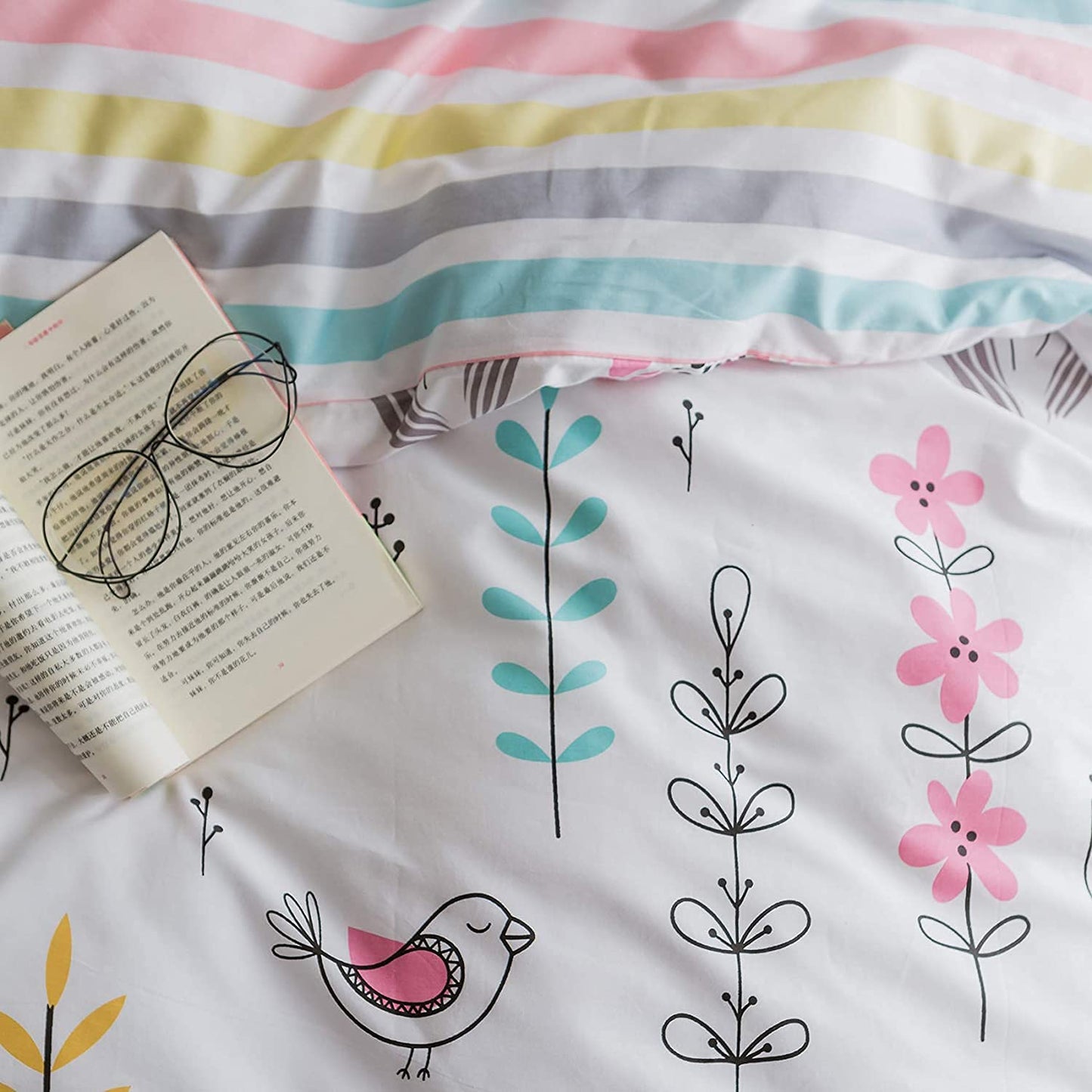 BuLuTu Floral Bird Print Pattern Girls Boys Duvet Covers Queen White Premium Cotton Nature Blossom Colorful Reversible Kids Bedroom Comforter Cover Full Bedding Sets for Teen Toddler,Zipper Closure