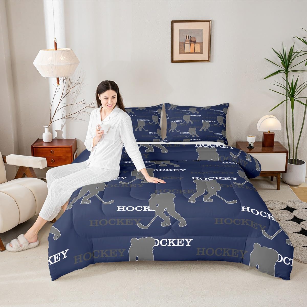Manfei Hockey Players Kids Comforter Set Queen Size, Bedding Set,Girls Boys Room Decor,Competitive Games Teamwork Quilt Comforter,Dark Blue Gray Duvet Set Bedroom Quilt Set,2 Pillowcases