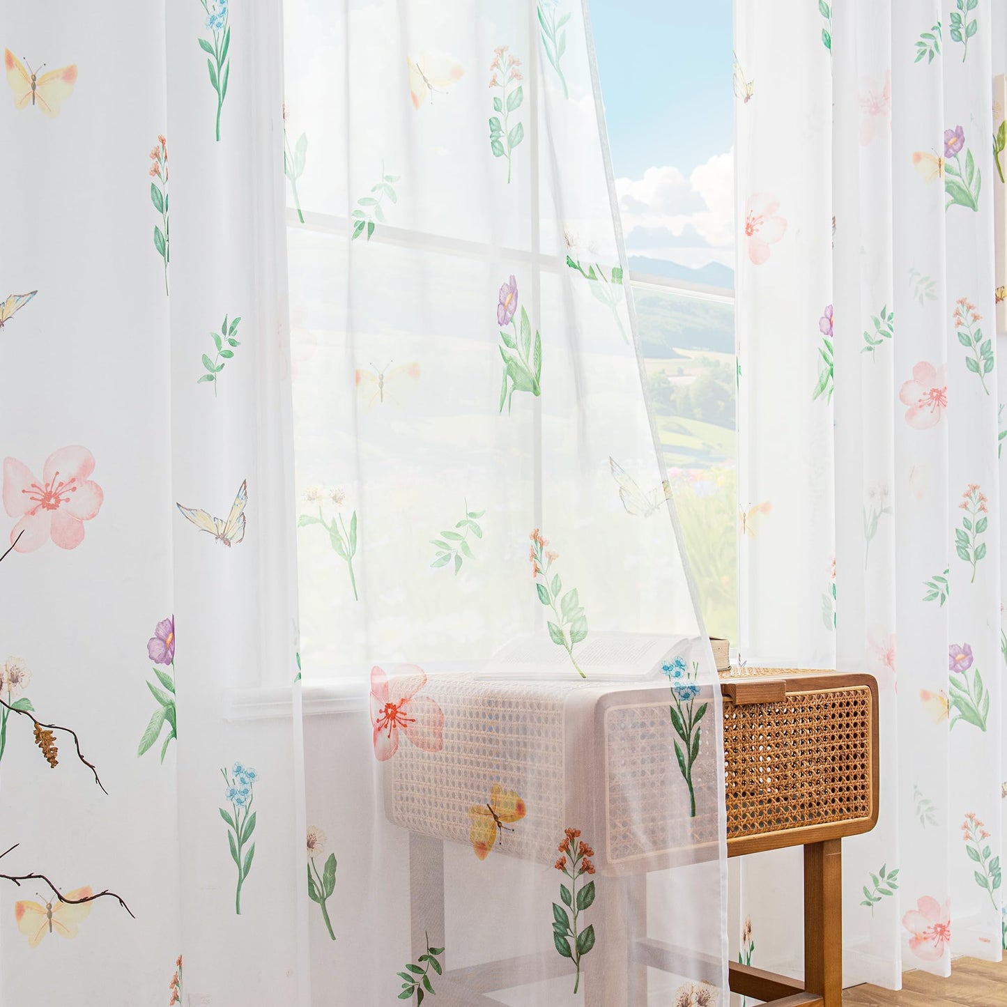youleyar Floral Sheer Curtains for Living Room 84 Inches Long 2 Panels White Semi-Sheer Curtain with Flower/Leaves Printed Pattern Summer/Spring Rod Pocket Voile Drapes for Bedroom, 52" W x 84" L