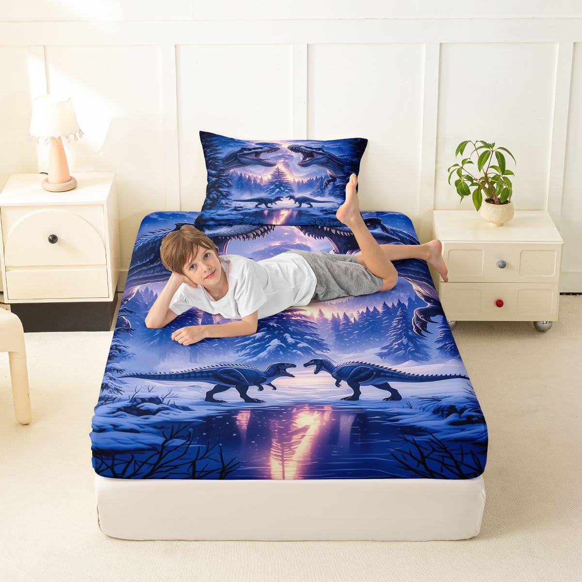 Feelyou Dinosaur Bed Sheets Set Twin Size 3D Digital Print Bed Set Jungle Dino Deep Pocket Fitted Sheet Wild Animal Breathable Soft Lightweight Microfiber Blue Purple
