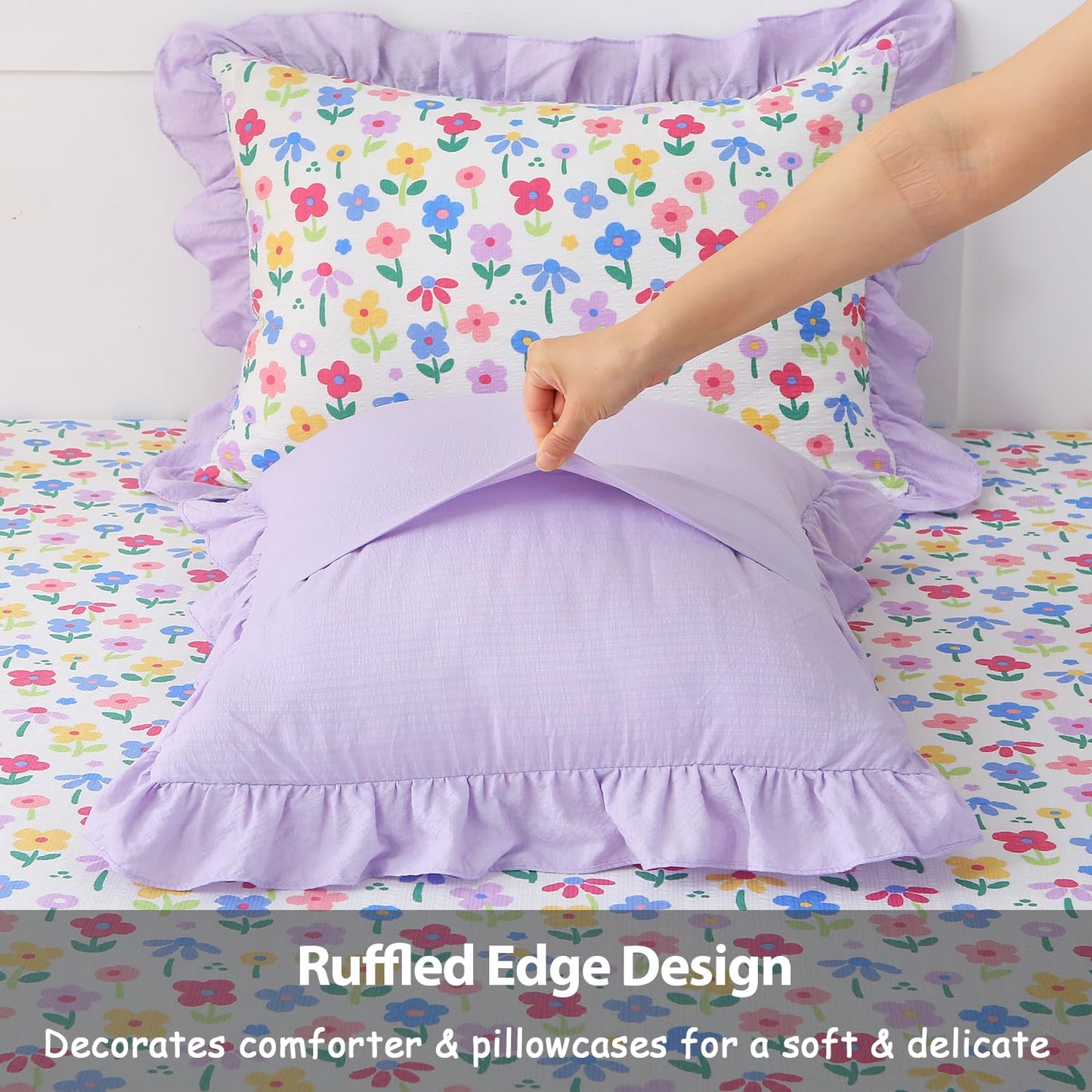 Gusuhome 7 Piece Girls Floral Bedding Set Twin/Full Size Reversible Comforter Bed in a Bag for Kids Soft Purple Floral Bedding with Sheets Bed Skirt Ruffled Floral Pillowcases for Teens Bedroom