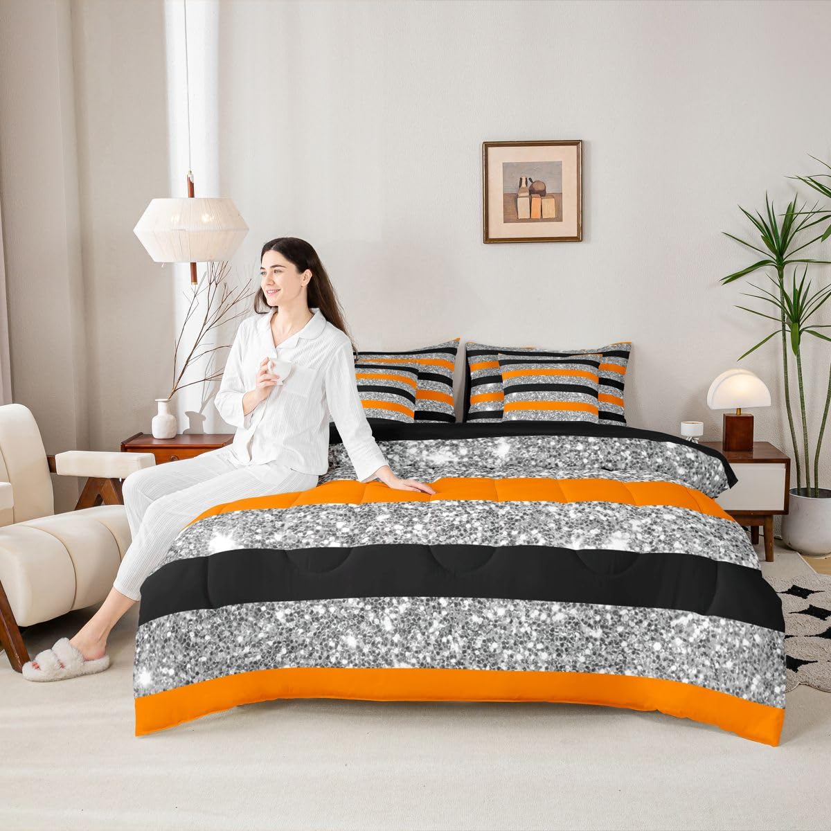 Feelyou Orange Black Comforter Set with Sheets 7 Piece Full Size Stripes Bed in a Bag Kids Boys Girls Glitter Bedding Set Geometric Bedroom Decor Breathable Soft Lightweight Microfiber