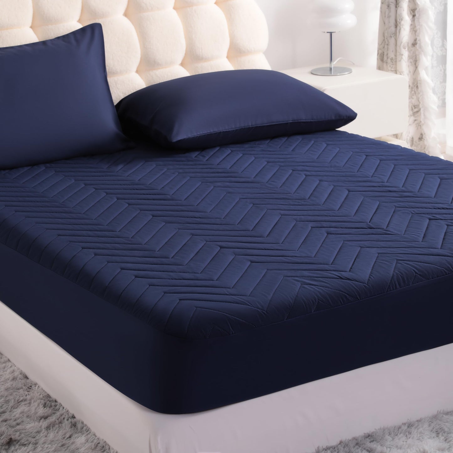 NTBAY Waterproof Mattress Protector, Quilted Twin Fitted Mattress Cover with 15" Deep Pocket- Machine Washable - Soft Mattress Pad Cover, Navy Blue