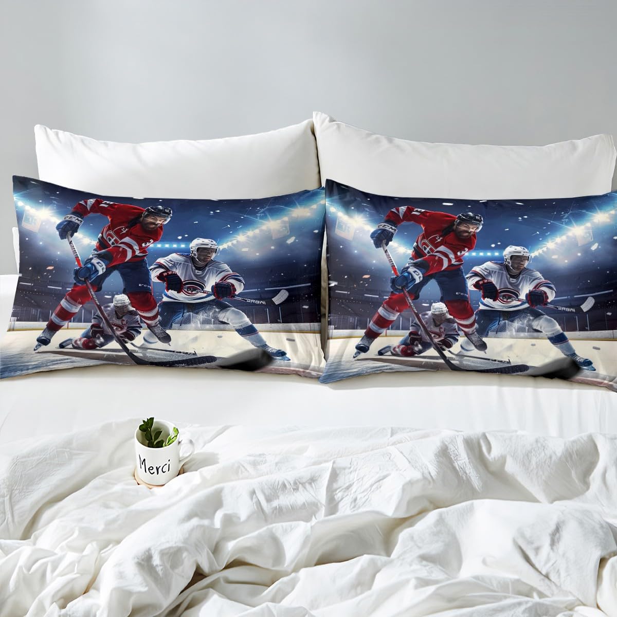 Erosebridal Ice Hockey Sheet Set Full Size Hockey Player Bedding Set for Boys Teens Girls Sports Game Event Fitted Sheet Youth Kids Soft Microfiber Winter Sports Bedroom Decorative