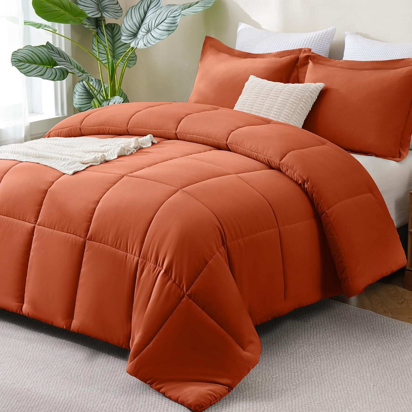 CozyLux Queen Comforter Set - 270GSM Terracotta Bedding Sets for All Seasons, 3 Pieces Box Stitched Bed Set with 1 Down Alternative Comforter and 2 Pillow Shams, Soft, Lightweight, Breathable