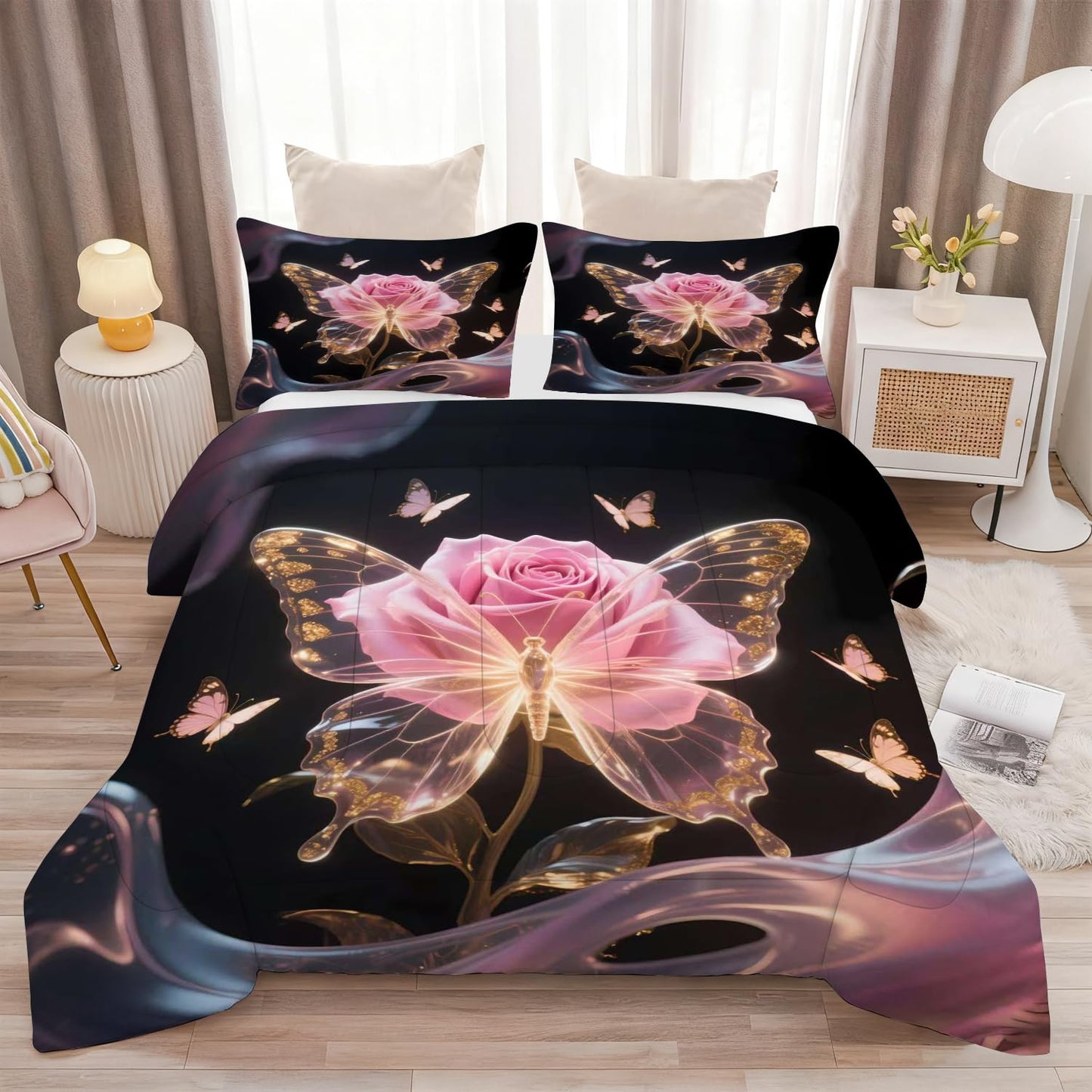 CERYUEE Butterfly Bedding Set Butterfly Twin Comforter Set for Girls Kids Woman 3D Pink Rose Flower Quilt for Bedroom Decor Black Cute Bedding 1 Comforter + 1 Pillow Case