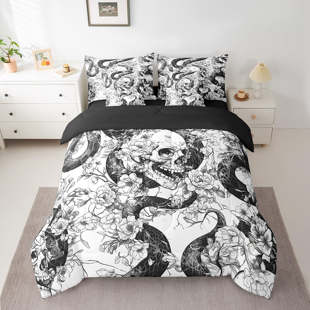 jejeloiu Kids Sugar Skull Comforter Set 7 Pieces Full Size Snake Boho Rose Bedding Set for Boys Girls Gothic Art Bed in a Bag with Comforter, Sheets, Pillowcases & Cushion Covers